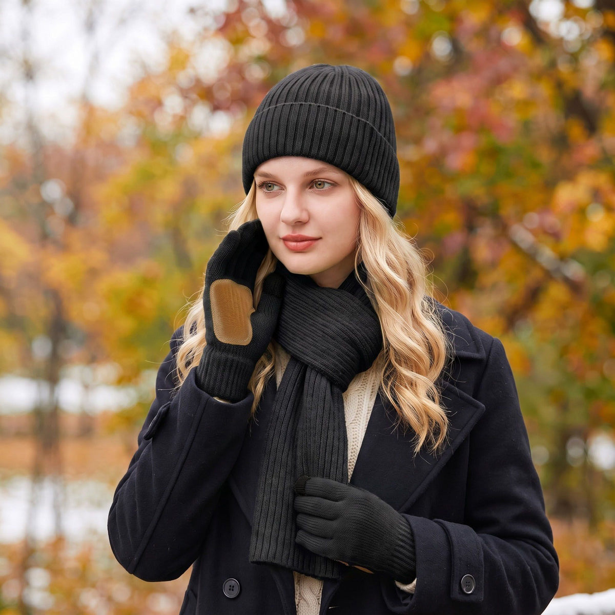 3 Piece Ribbed Knit Beanie Scarf and Touchscreen Gloves Set