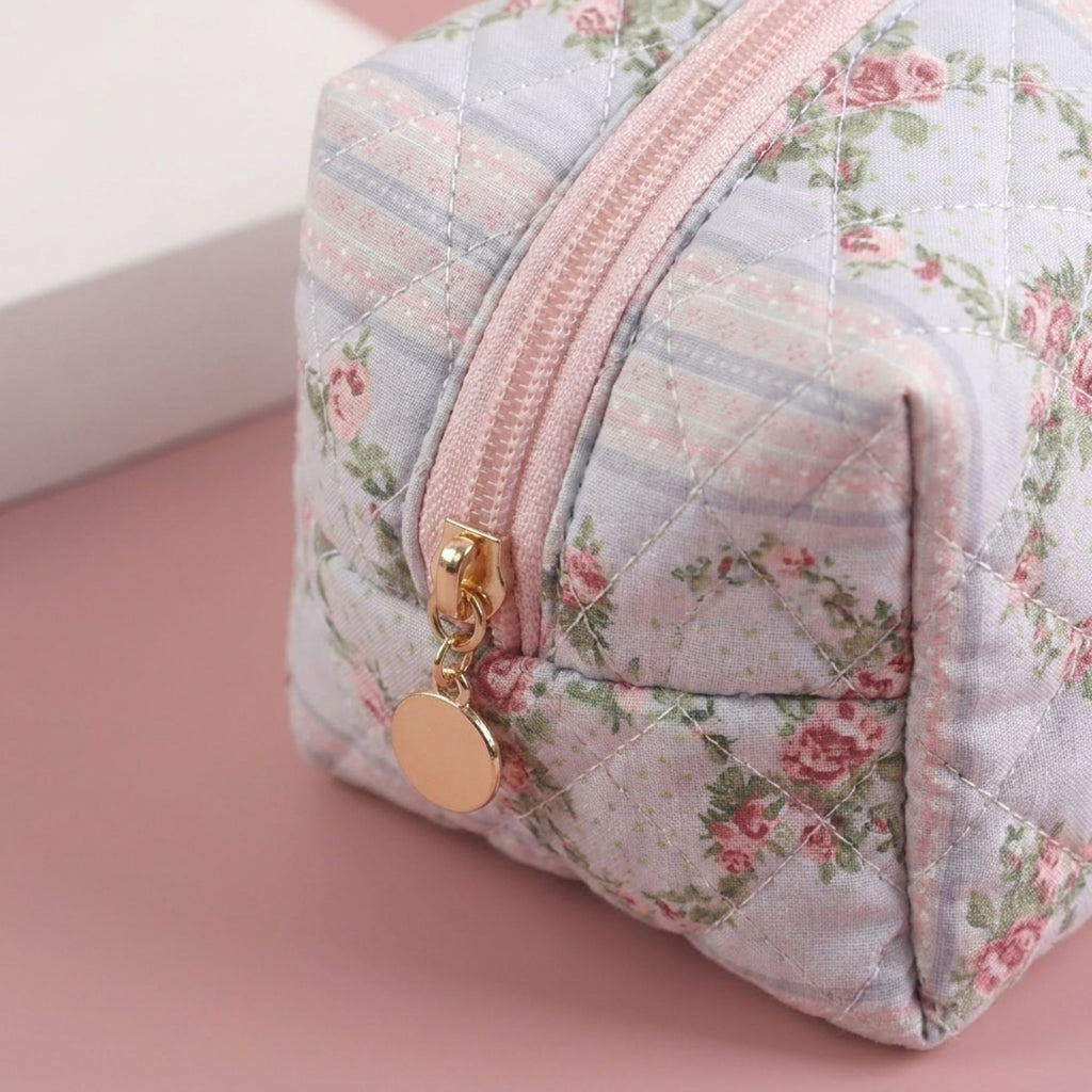 Floral Quilted Makeup Bag Travel Cosmetic Toiletry Pouch with Zipper Closure