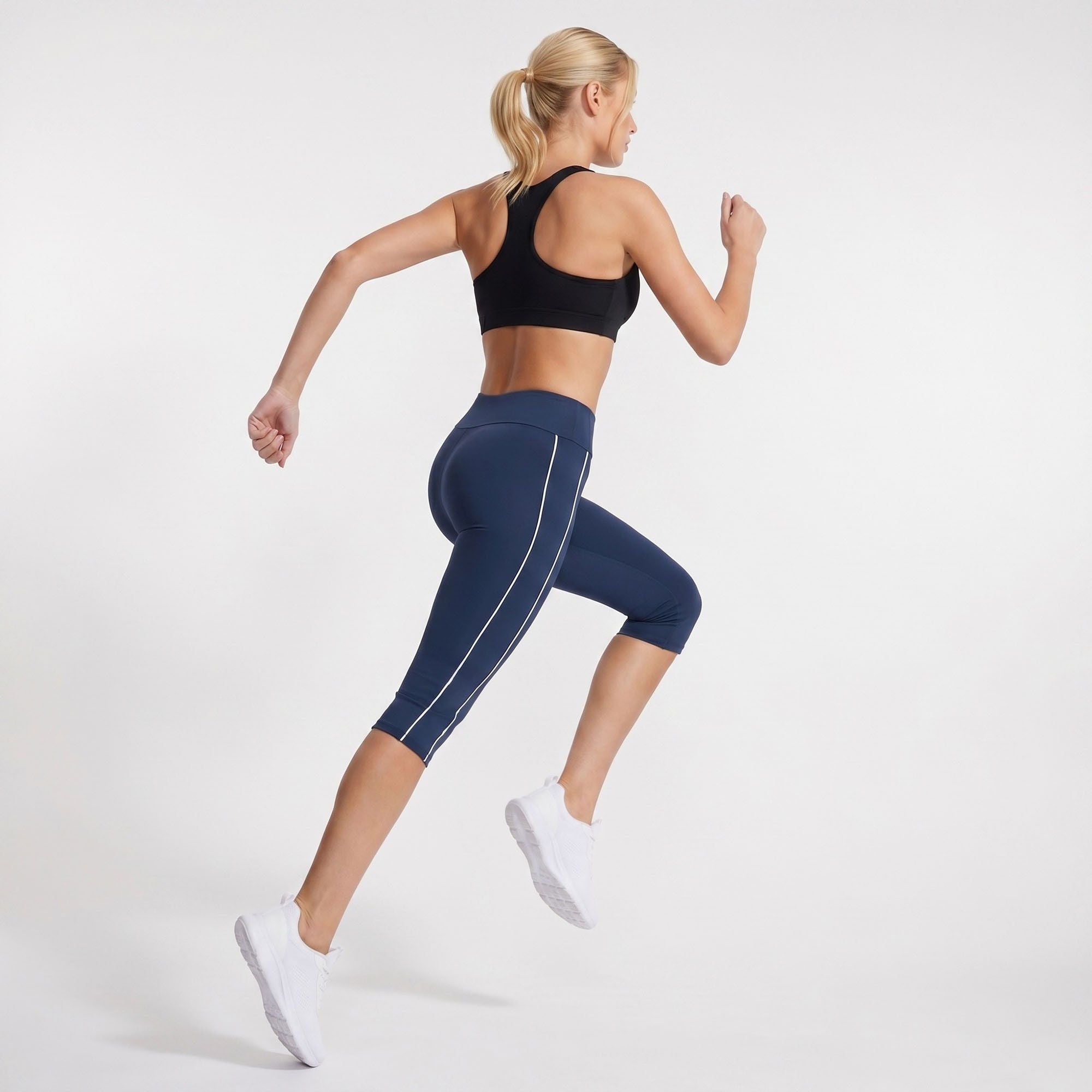 High Waist Side Stripe Capri Leggings Wide Waistband Cropped Workout Yoga Pants