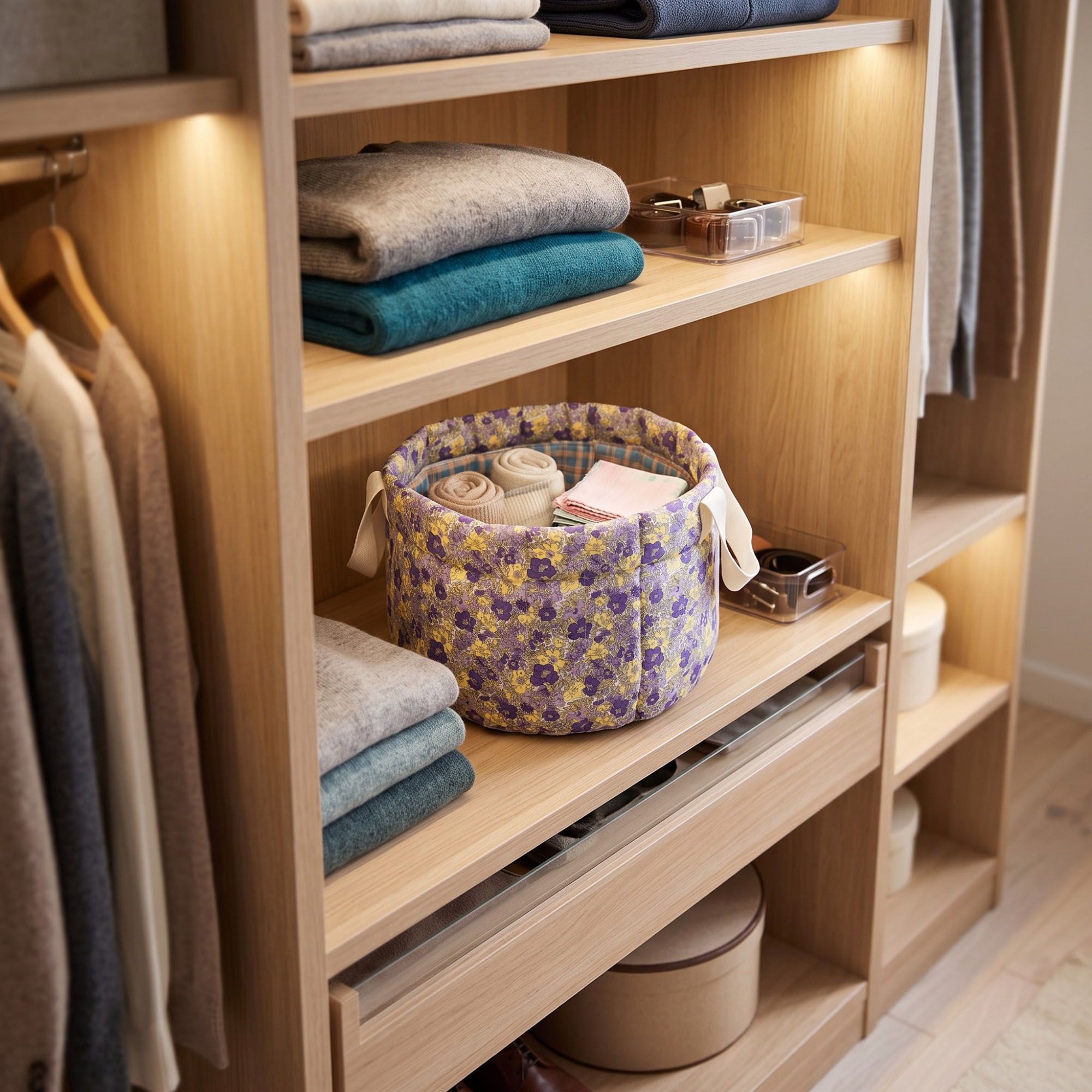 Quilted Floral Storage Basket with Handles for Home Organization