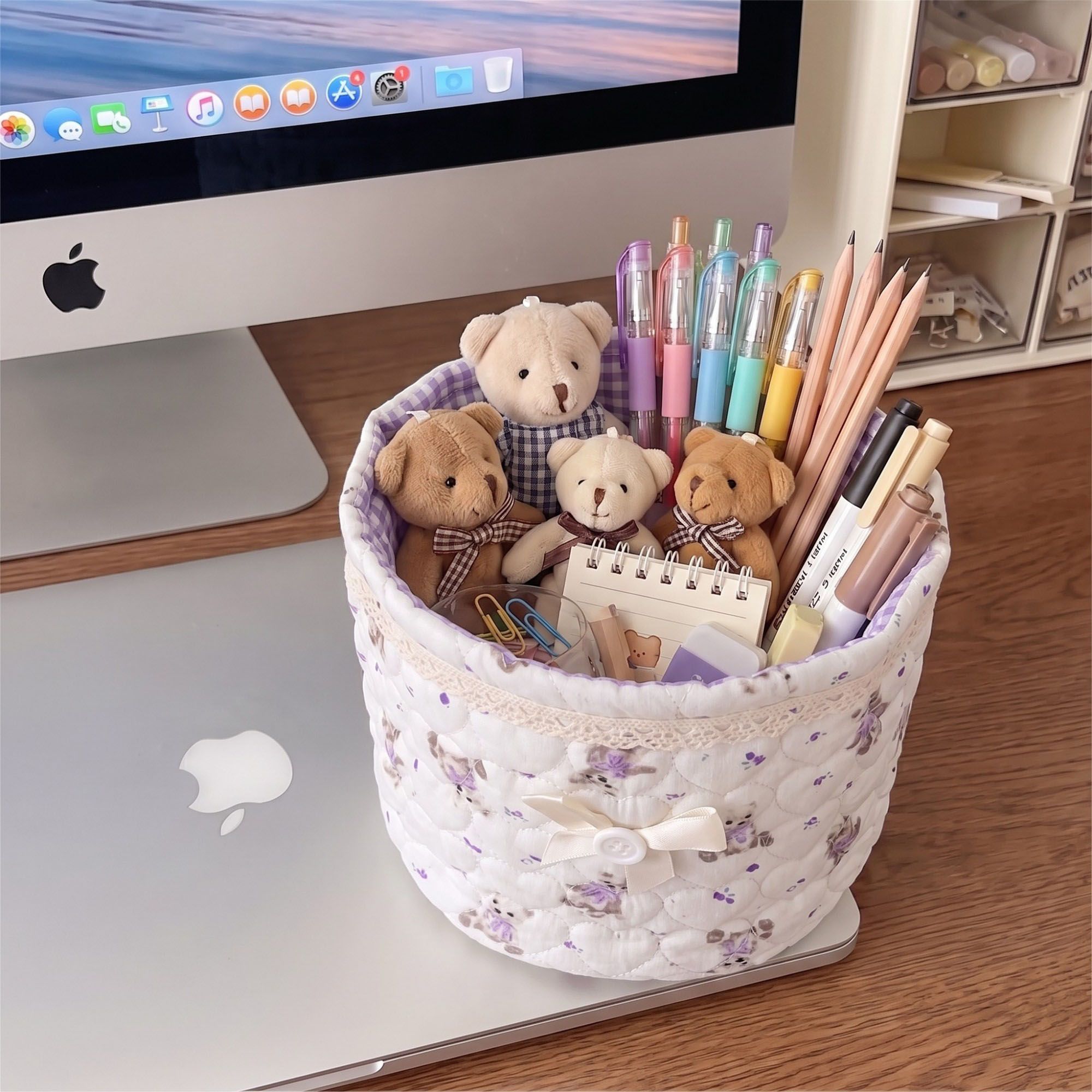 Quilted Round Fabric Storage Basket with Bow and Lace Trim
