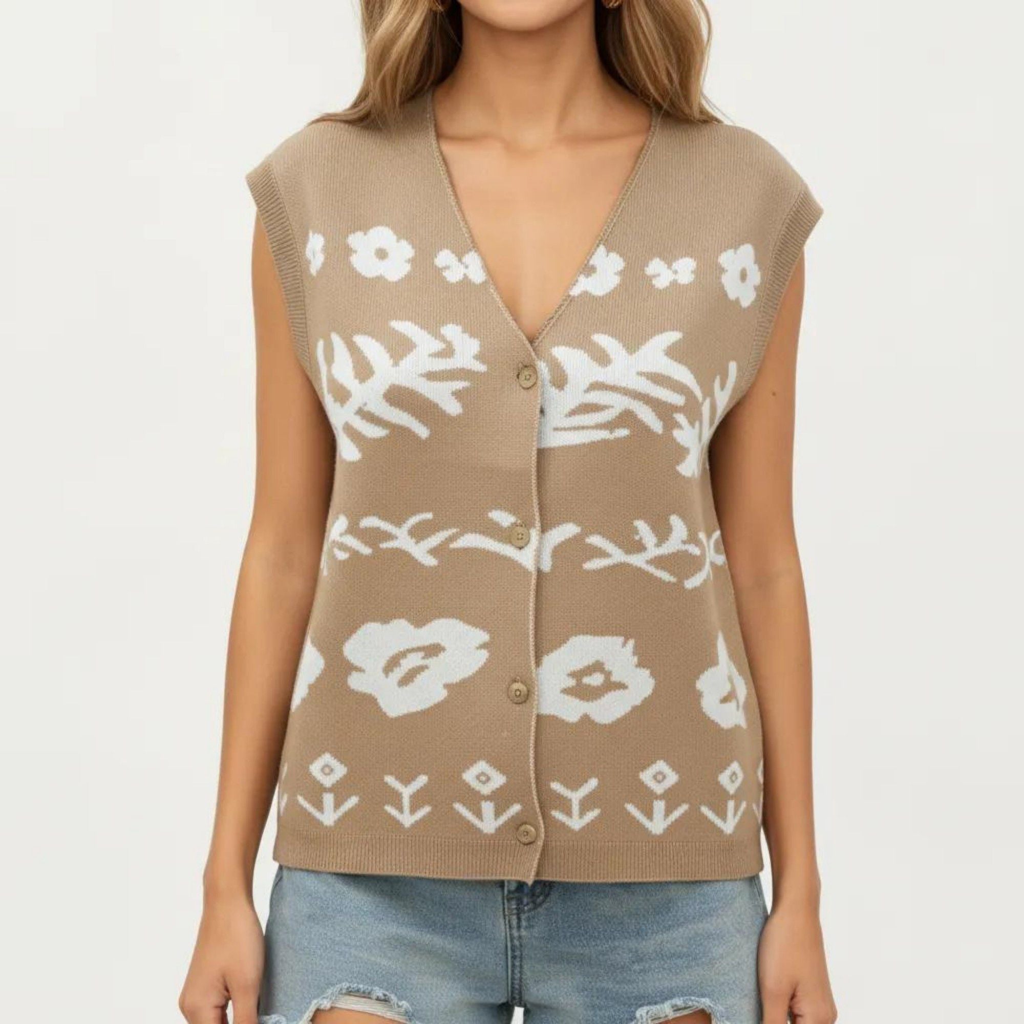 Anna-Kaci Women's Sleeveless Floral Knit Vest Top with V-Neck Front and Button Detail
