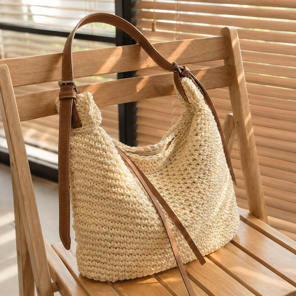Woven Hobo Shoulder Crossbody Bag with Zip Closure and Slouchy Shape