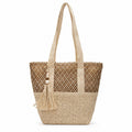 Woven Straw Tote Bag with Zip Closure Shoulder Straps and Tassel Accent