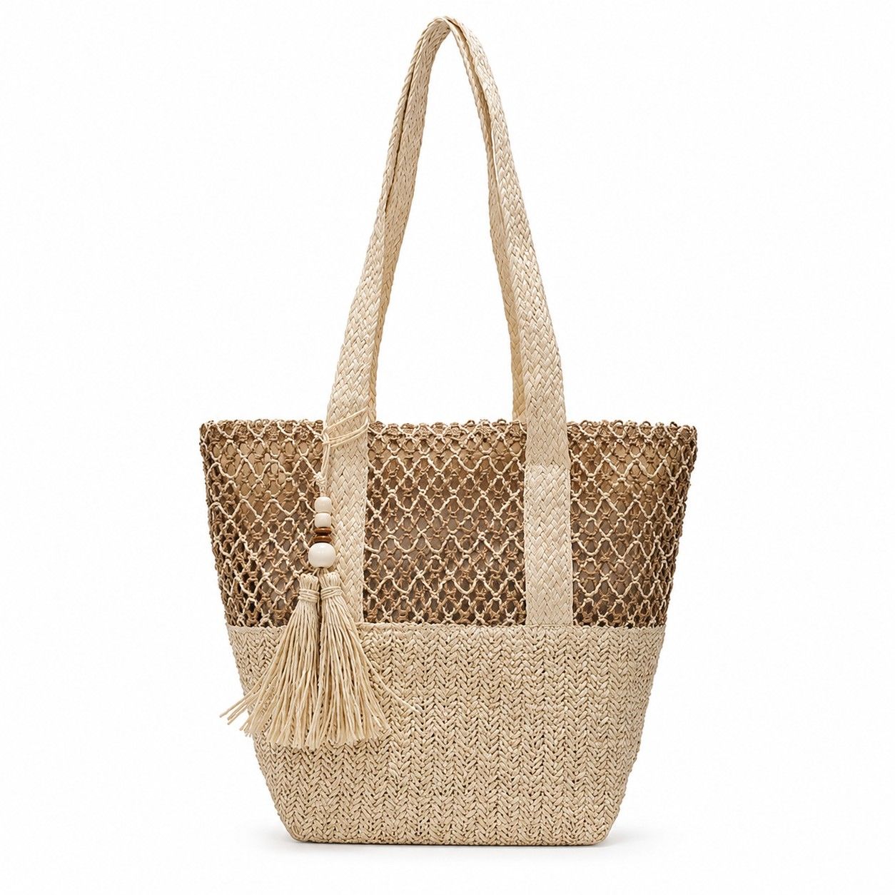 Woven Straw Tote Bag with Zip Closure Shoulder Straps and Tassel Accent