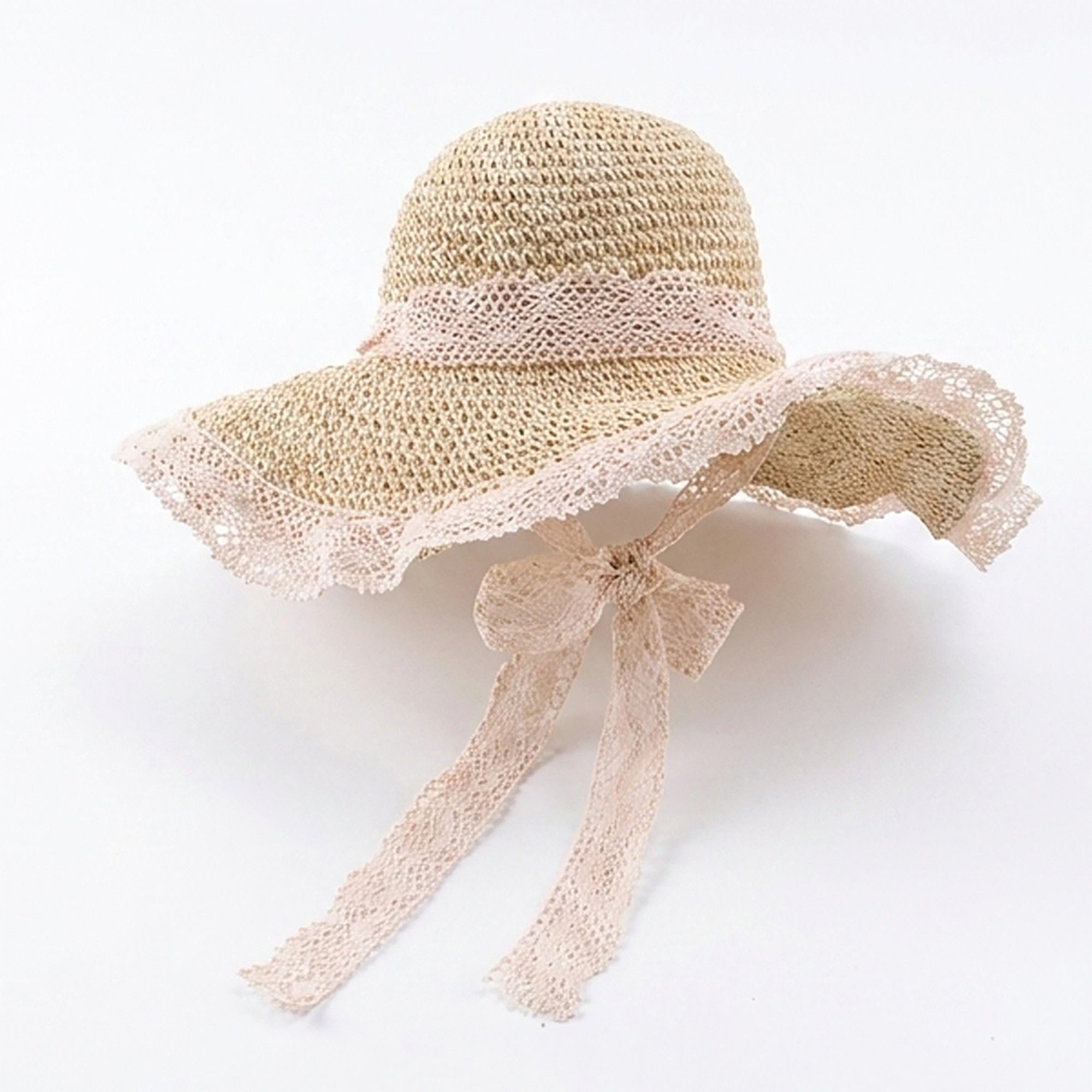 Crochet Wide Brim Sun Hat with Lace Trim Bow Accent and Wavy Brim