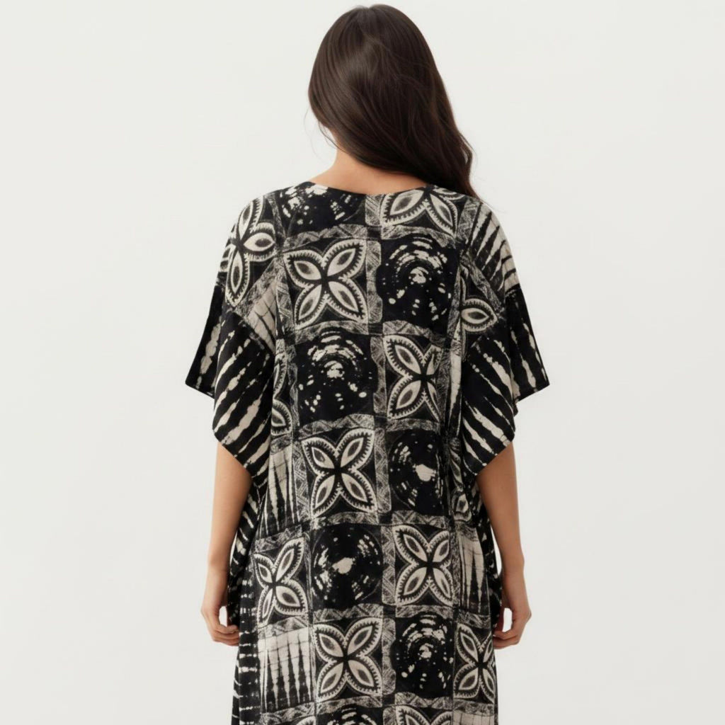 Anna-Kaci Women's Geometric Print Maxi Caftan Dress with V-Neckline Relaxed Fit and Draped Silhouette