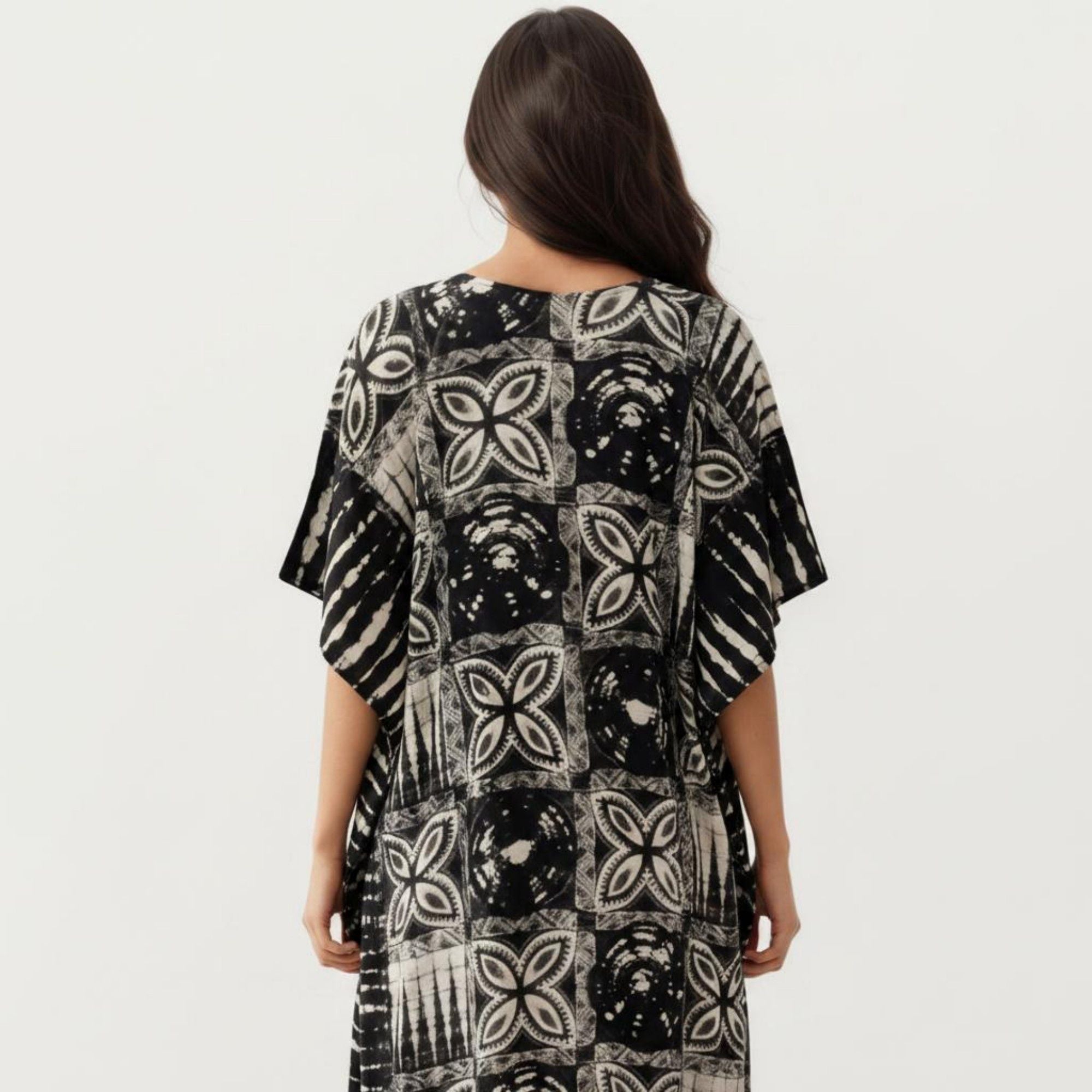 Anna-Kaci Women's Geometric Print Maxi Caftan Dress with V-Neckline Relaxed Fit and Draped Silhouette