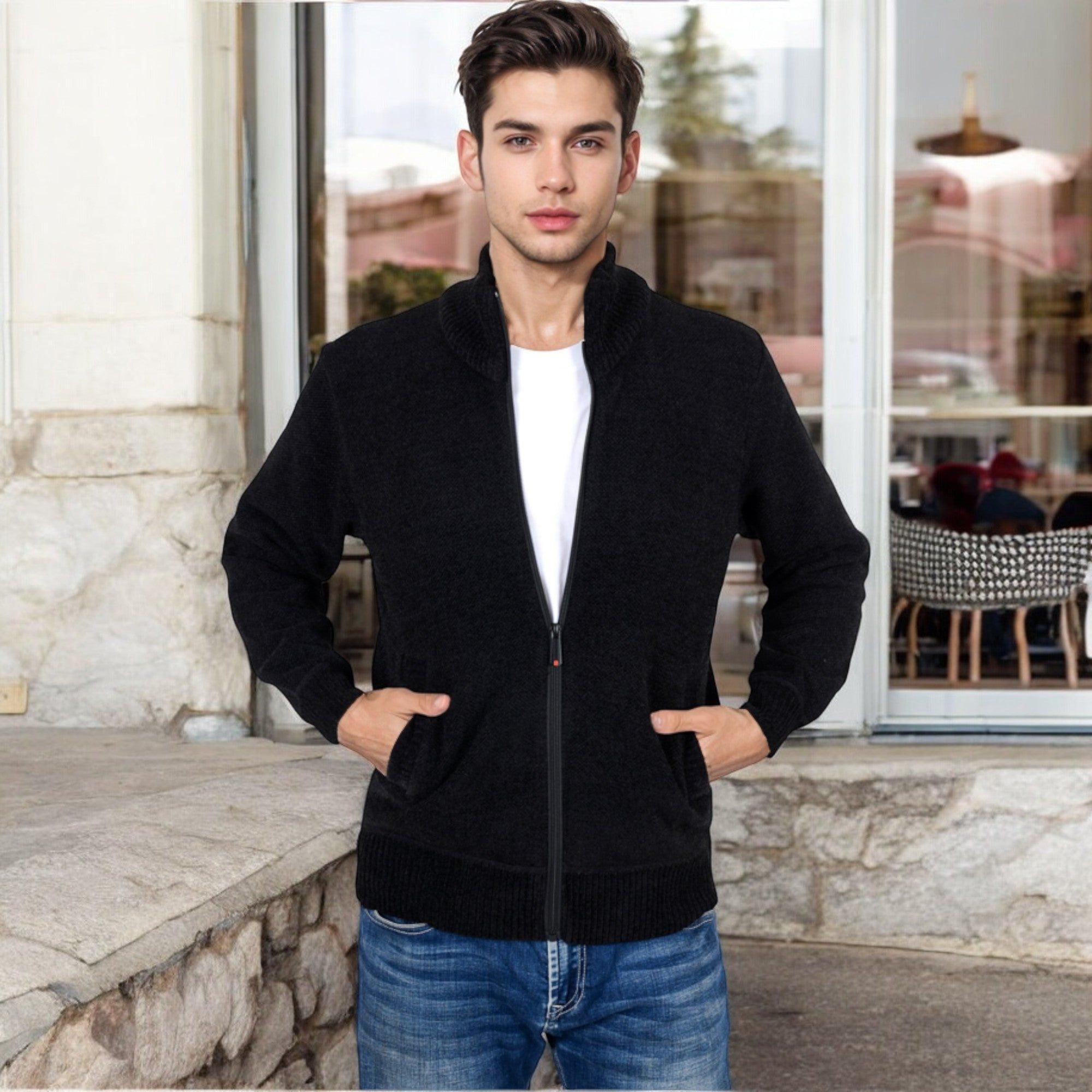 Anna-Kaci Men's Zip-Up Ribbed Knit Cardigan Sweater with Stand Collar