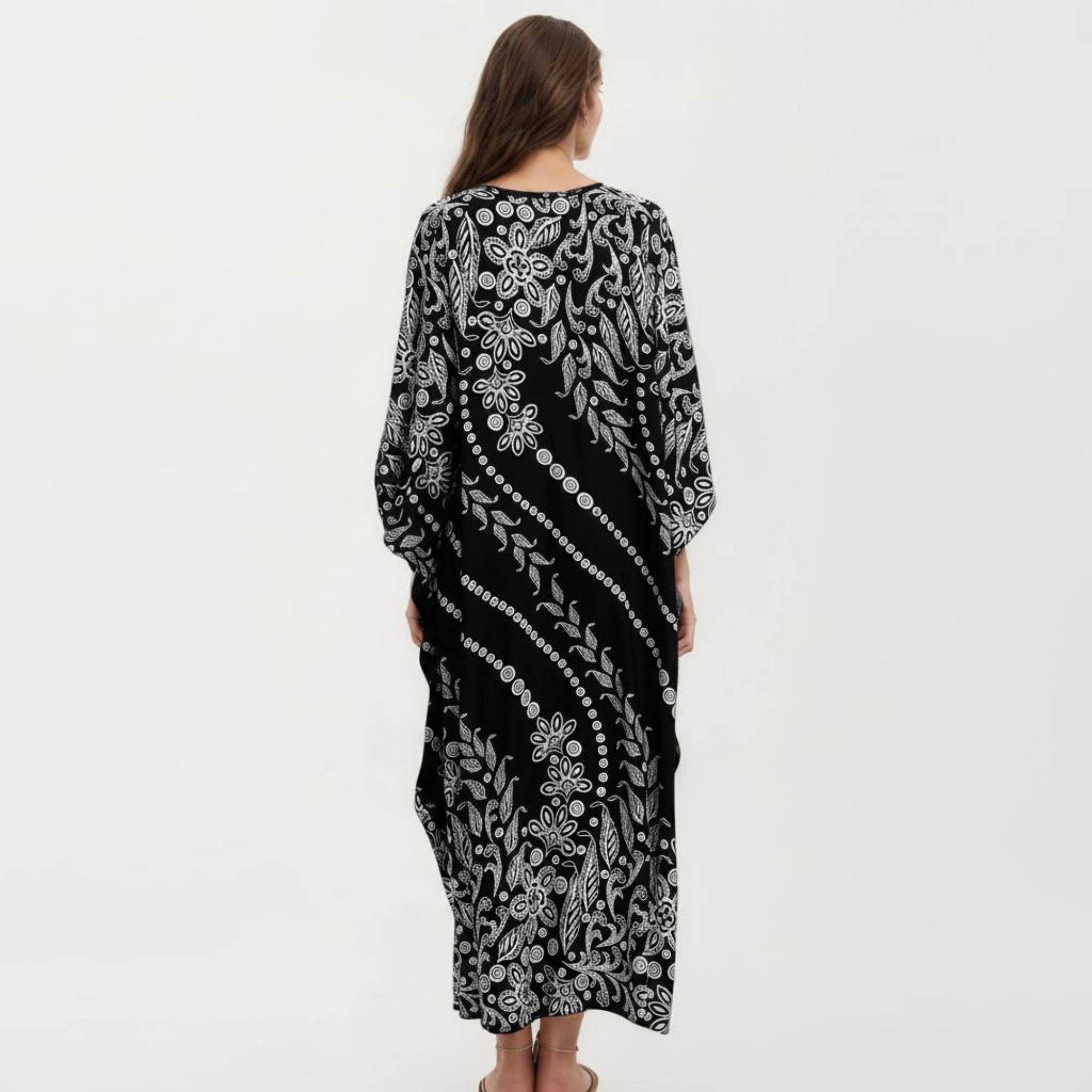Anna-Kaci Women's Floral Print Kaftan Maxi Dress with V-Neck Button Front and Flowy Batwing Sleeves
