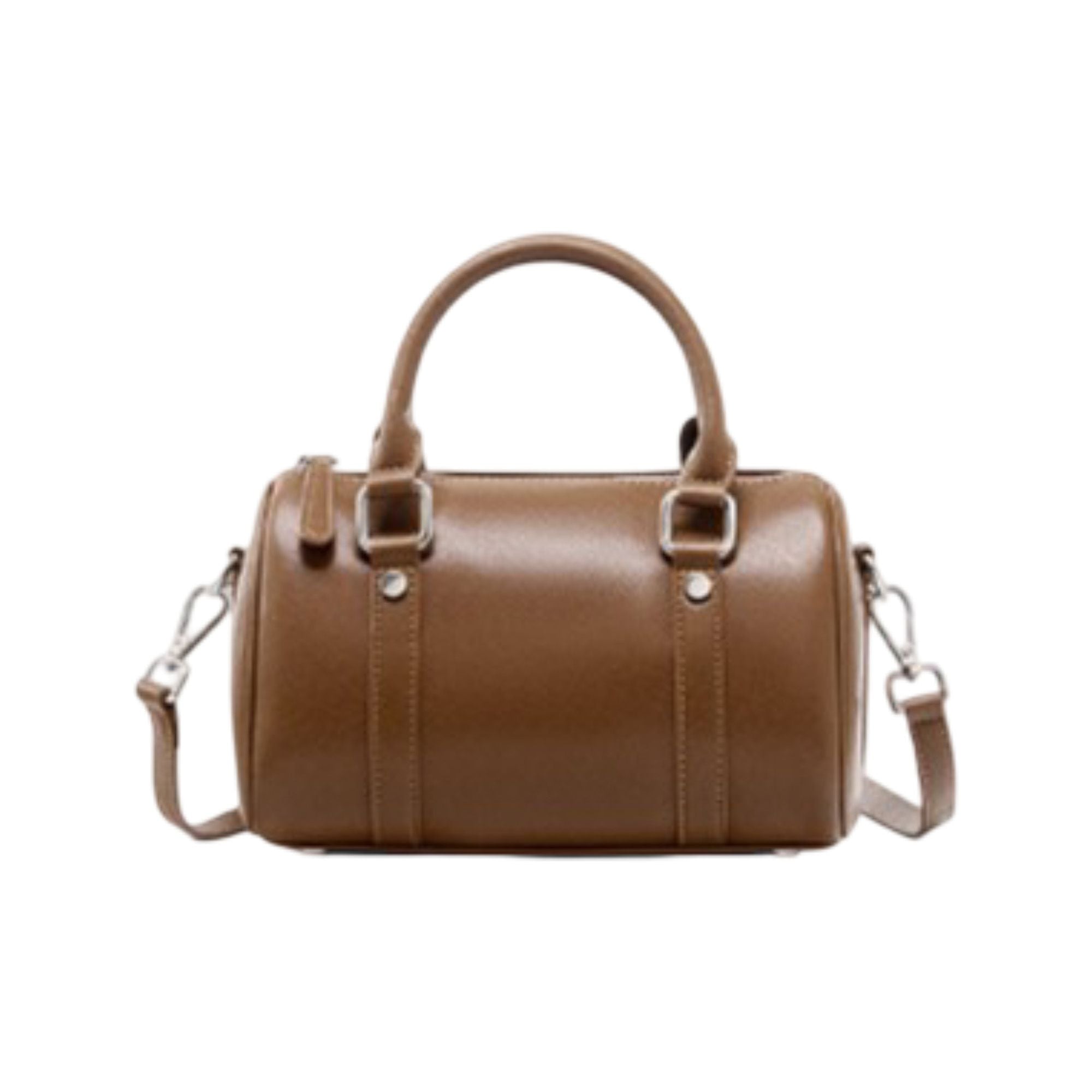 Structured Leather Barrel Satchel with Top Handles Compact Cylinder Shape and Crossbody Option
