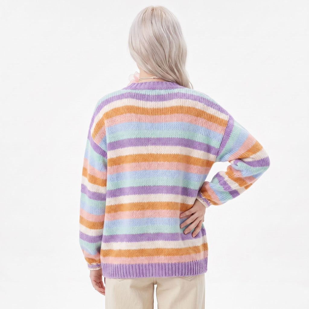 Multicolor Striped Open Front Knit Cardigan Sweater