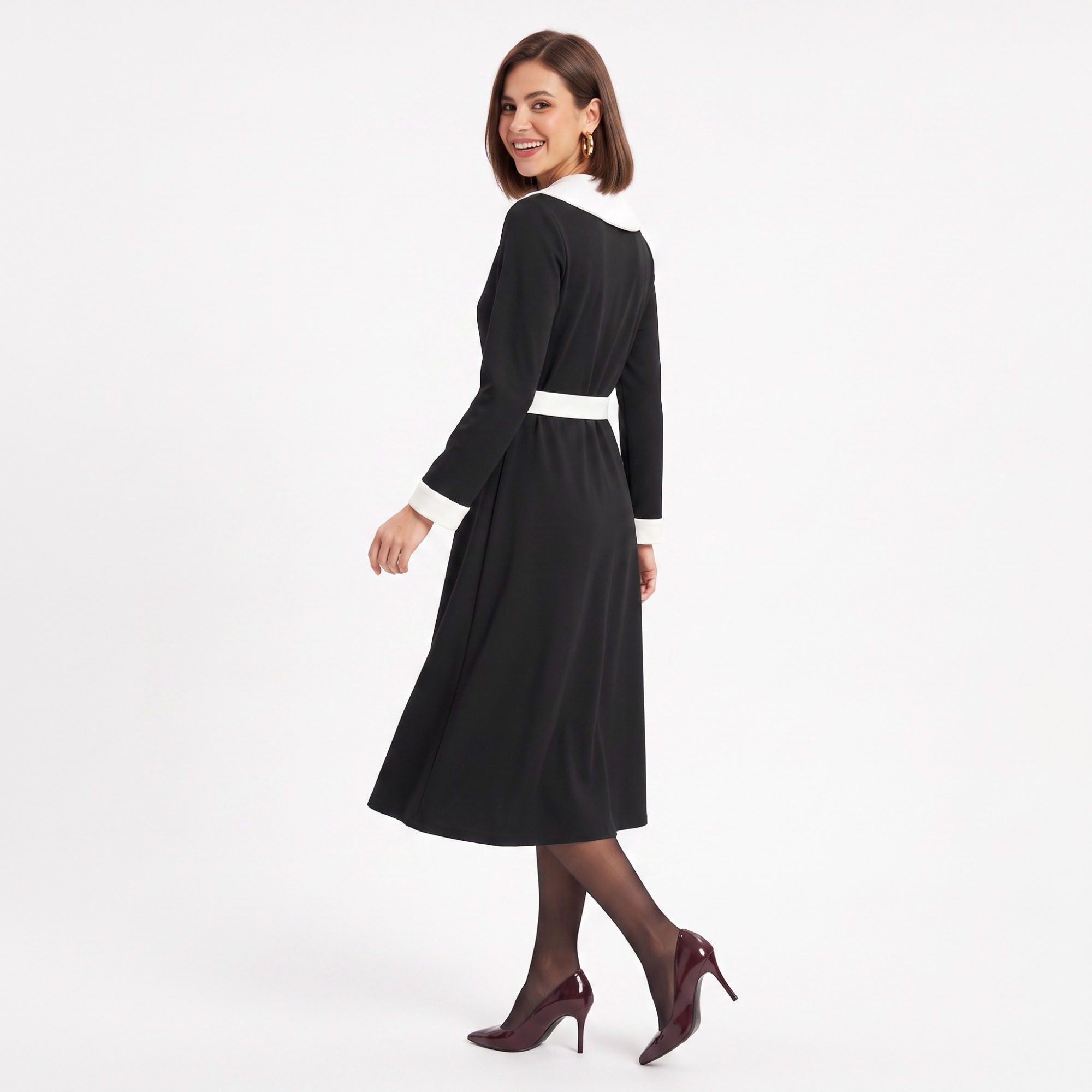 Contrast Collar Belted Midi Dress Long Sleeve Button Front Fit and Flare