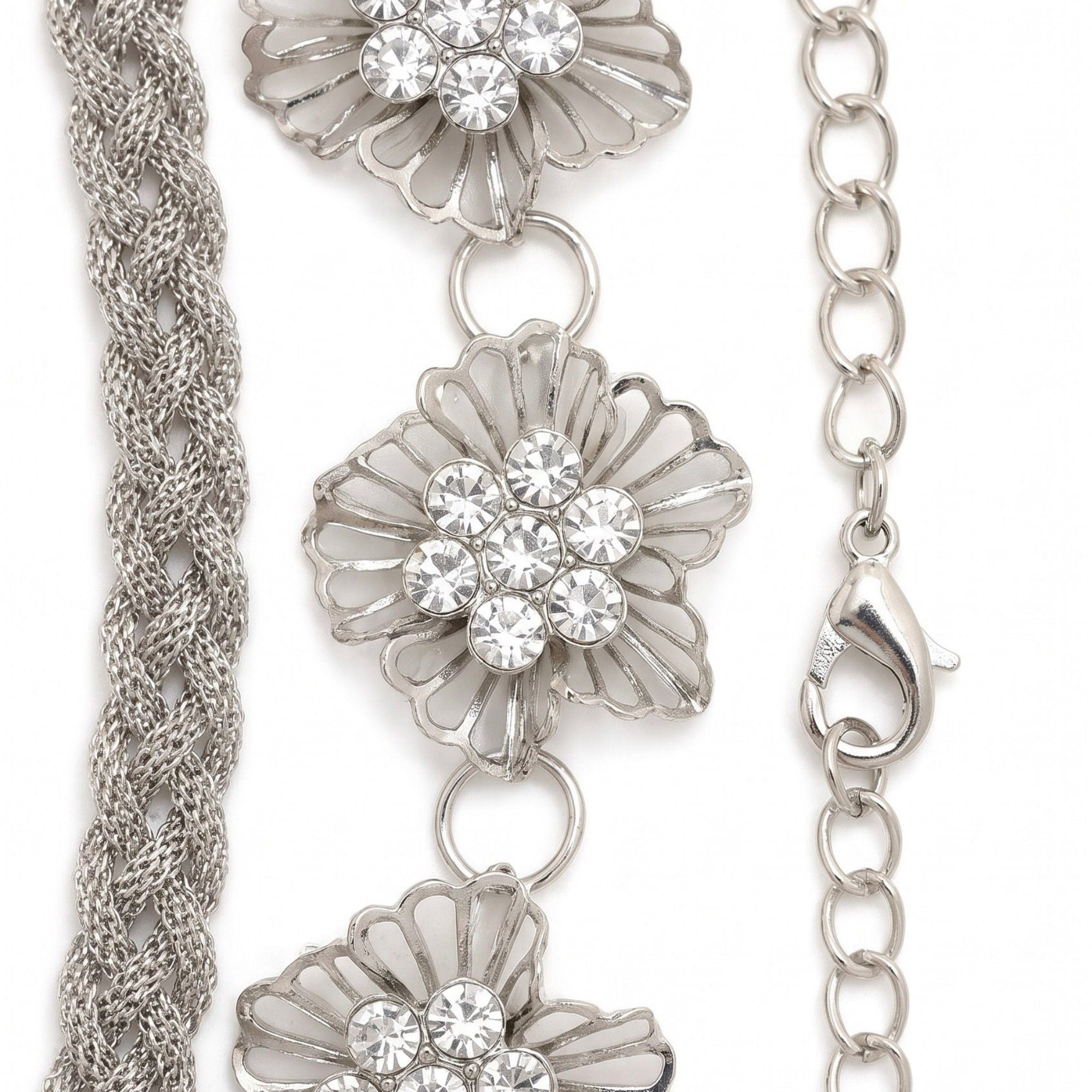 Triple Floral Braided Metal Waist Belt Adjustable Vintage Floral Statement Waist Jewelry 43.3in