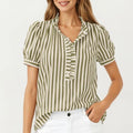 Anna-Kaci Women's Short Sleeve Striped Blouse with Ruffle Trim V Neck Puff Sleeve Lightweight Pullover Shirt