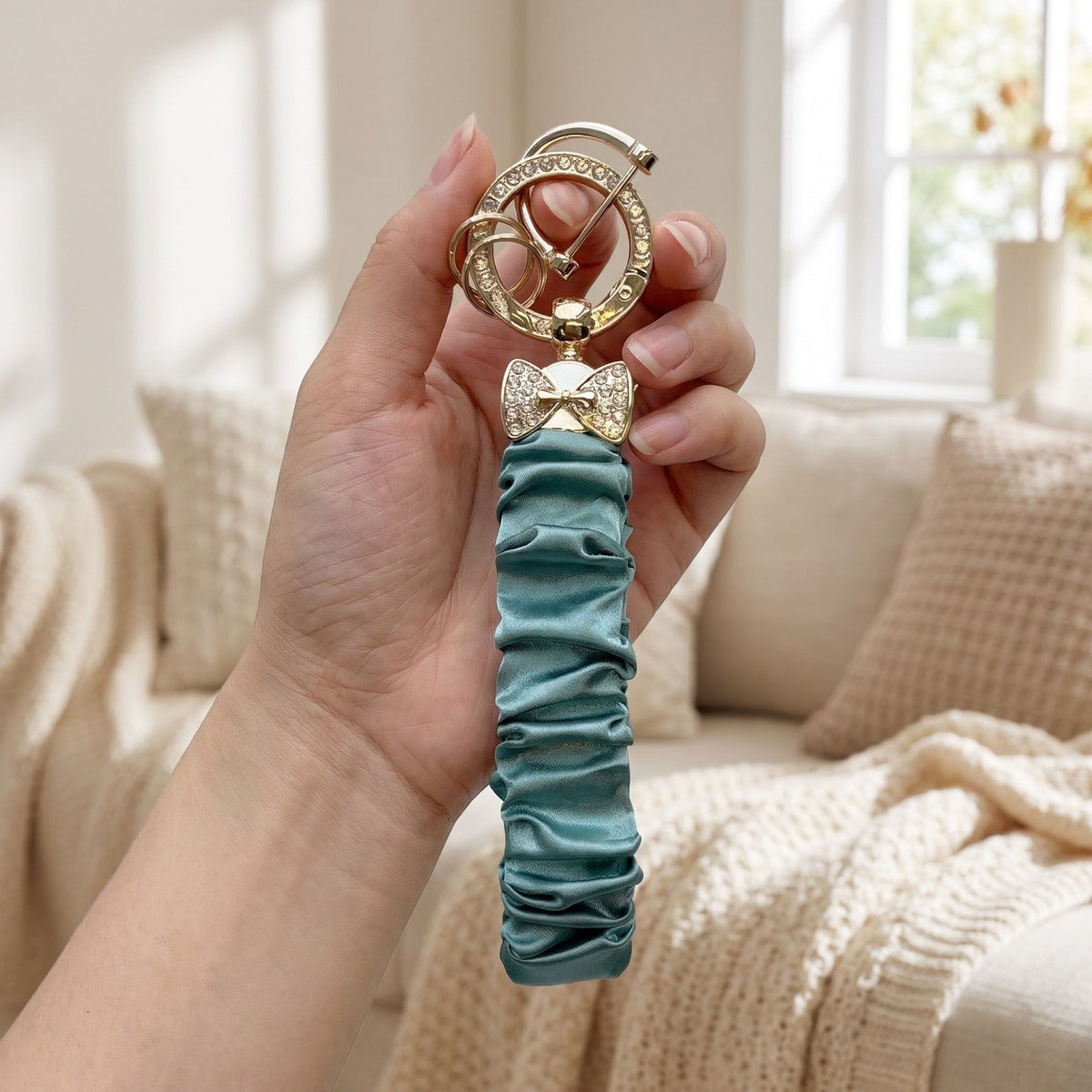 Ruched Fabric Wristlet Keychain with Rhinestone Bow Charm