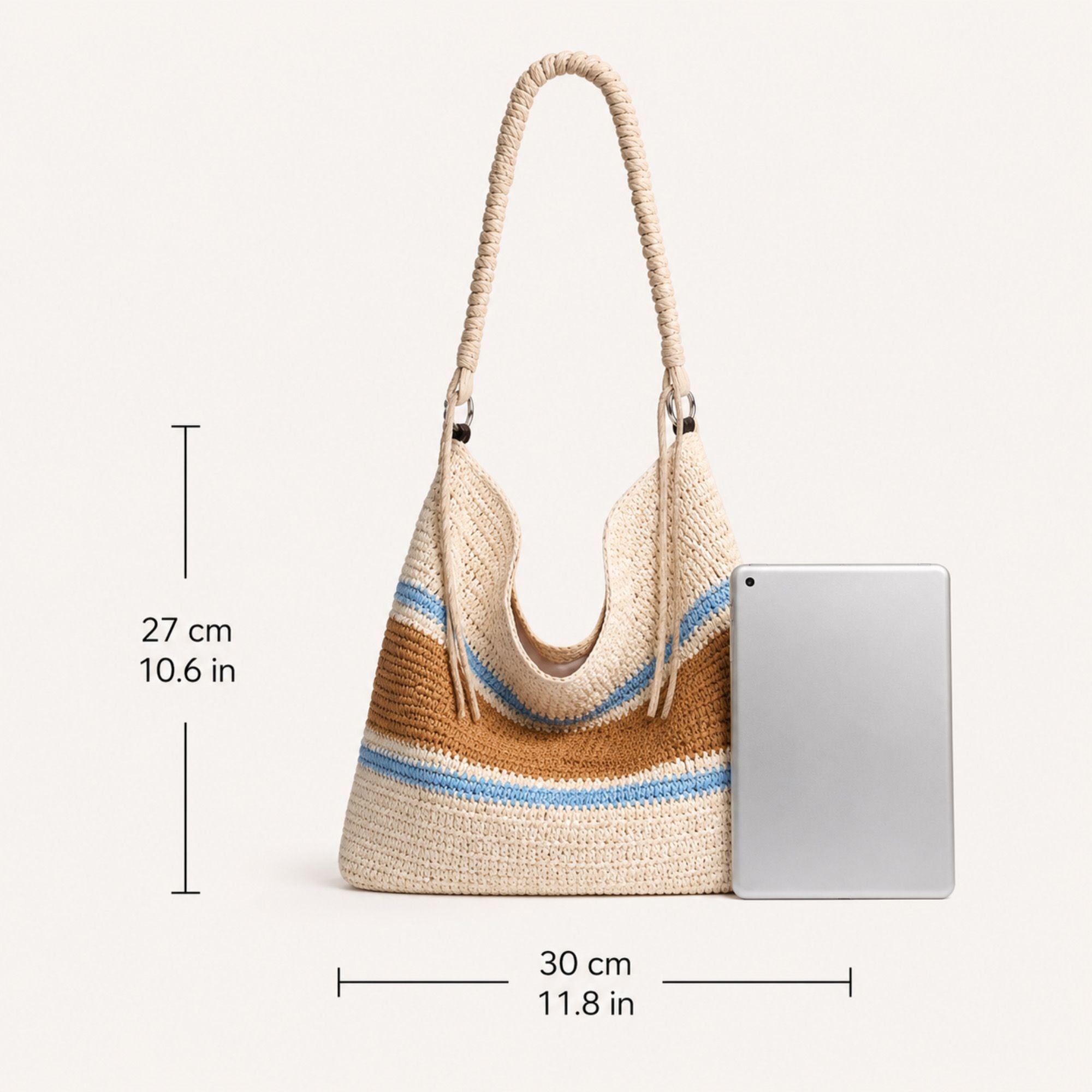 Woven Crochet Straw Beach Tote Bag Striped Vacation Shoulder Bag Bohemian Summer Hobo Purse