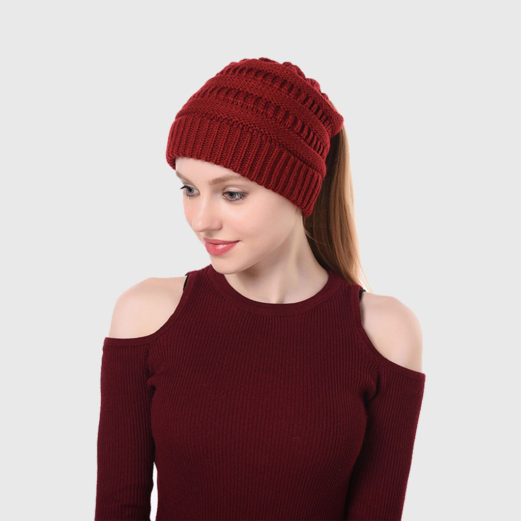 Anna-Kaci Women's Ponytail Beanie Hats - Acrylic Knit Stretchable Messy Bun Skull Cap for Winter & Casual Wear
