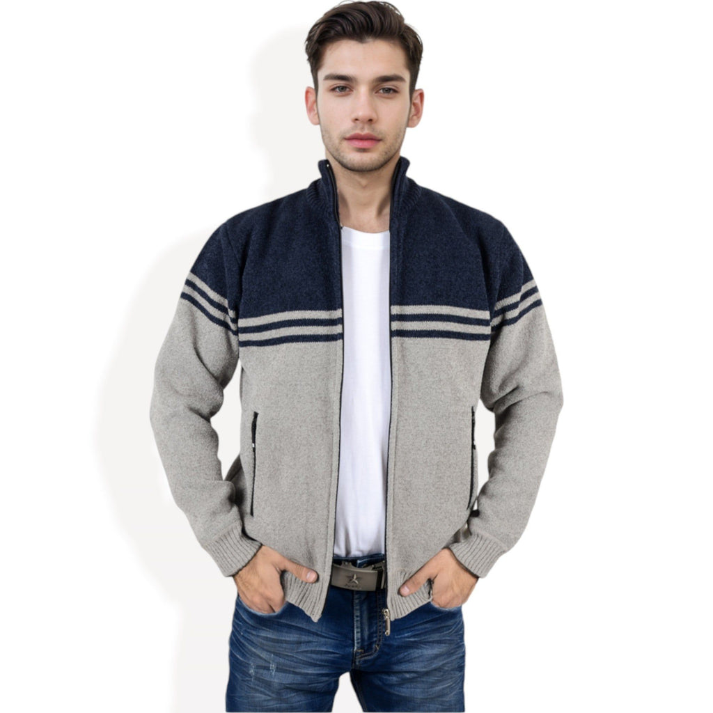 Anna-Kaci Men's Zip-Up Striped Fleece Jacket with High Collar and Front Pockets