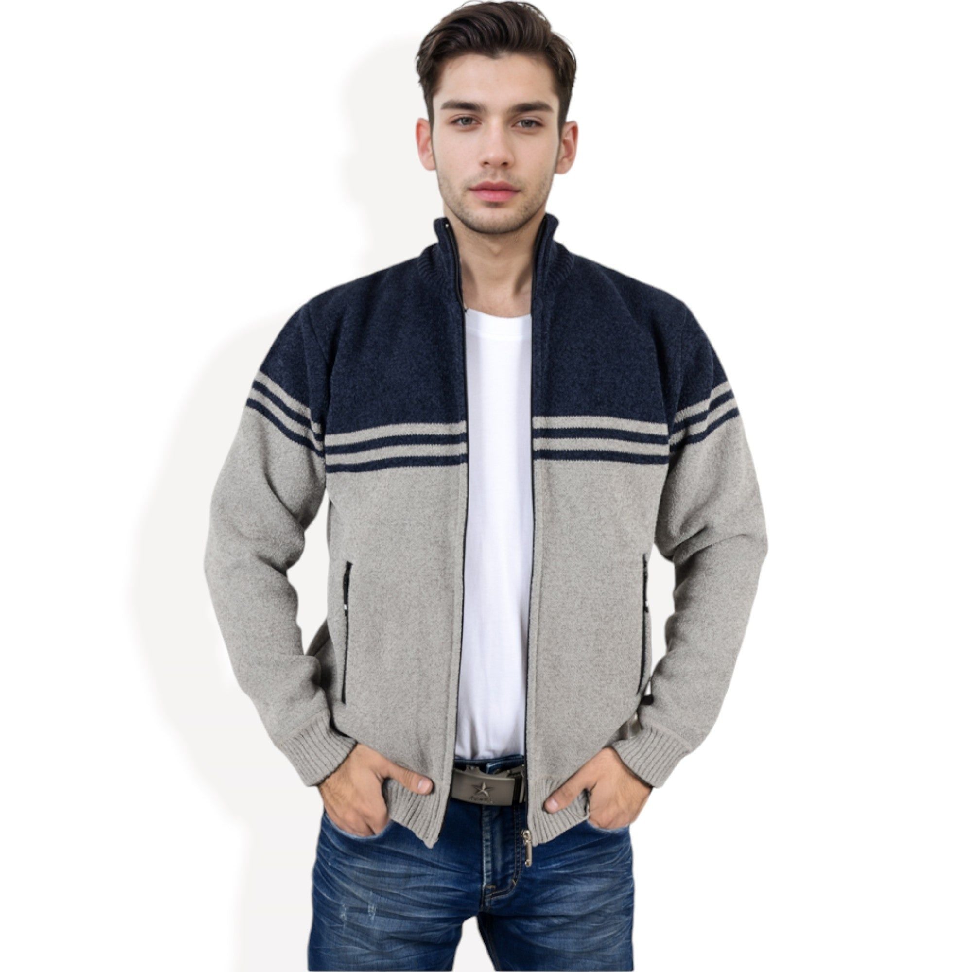 Anna-Kaci Men's Zip-Up Striped Fleece Jacket with High Collar and Front Pockets
