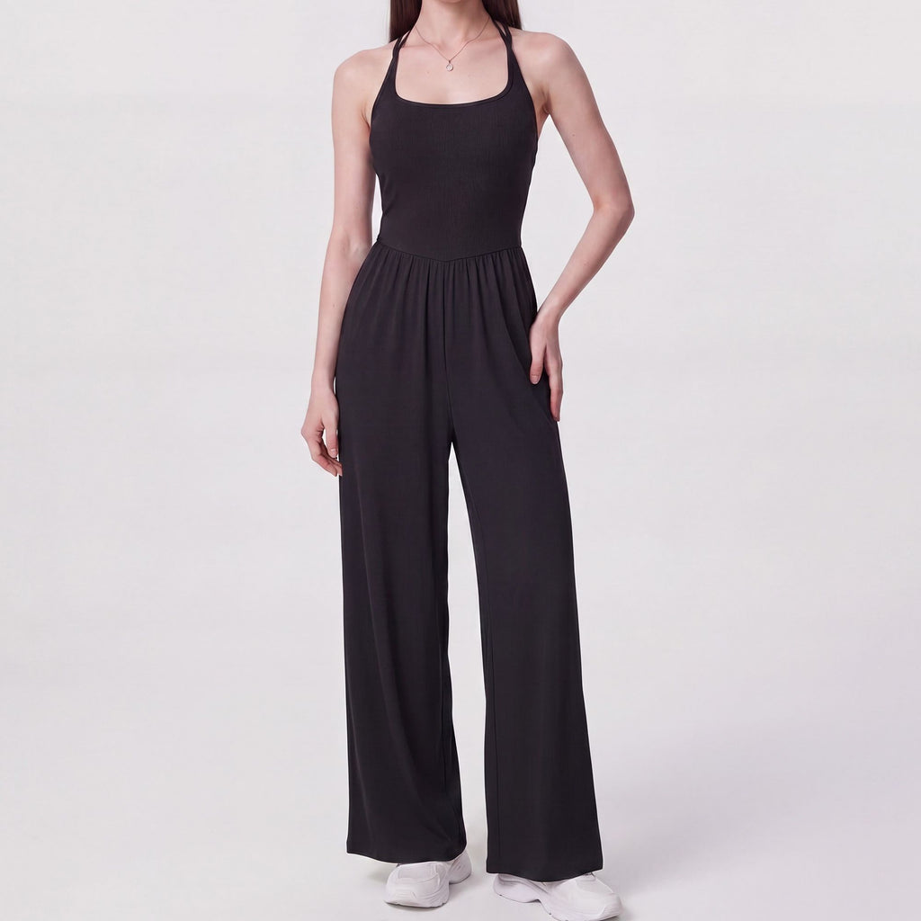 Sleeveless Halter Neck Wide Leg Jumpsuit with Ribbed Bodice Gathered Waist and Flowy Pants