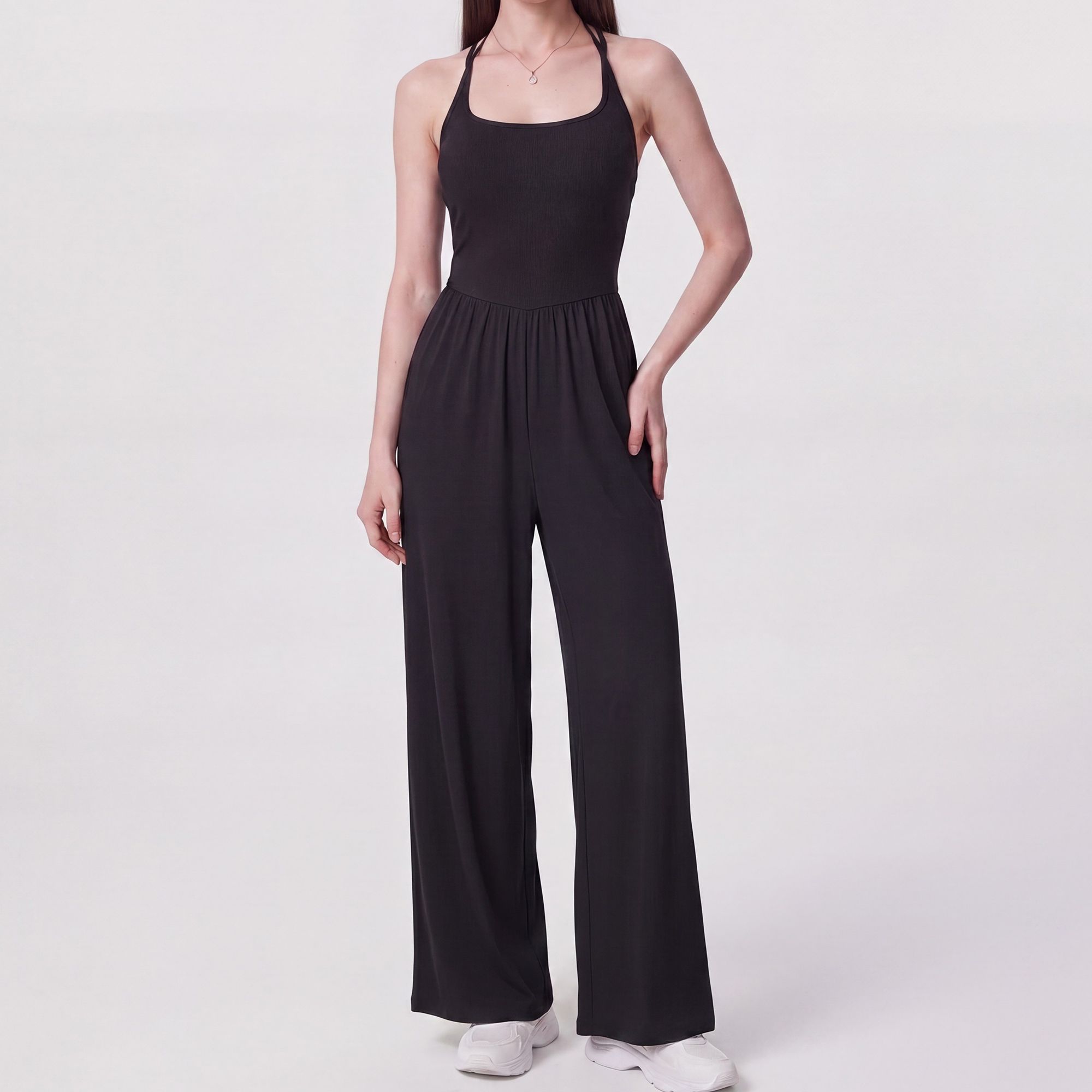 Sleeveless Halter Neck Wide Leg Jumpsuit with Ribbed Bodice Gathered Waist and Flowy Pants