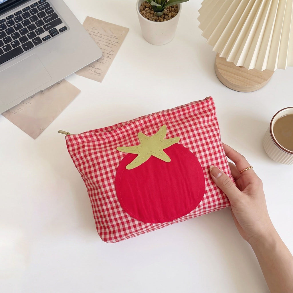 Tomato Applique Gingham Zippered Cosmetic Bag