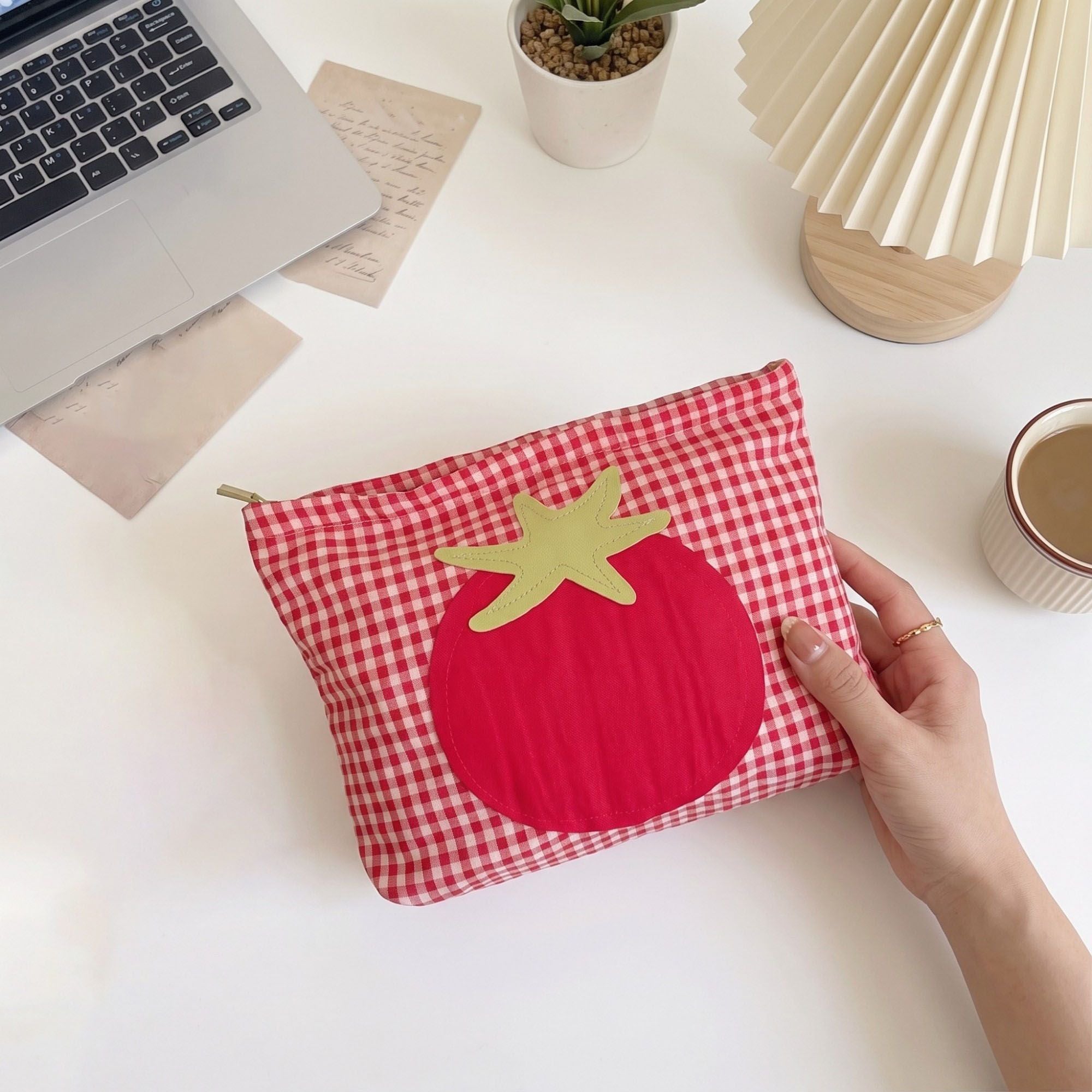 Tomato Applique Gingham Zippered Cosmetic Bag