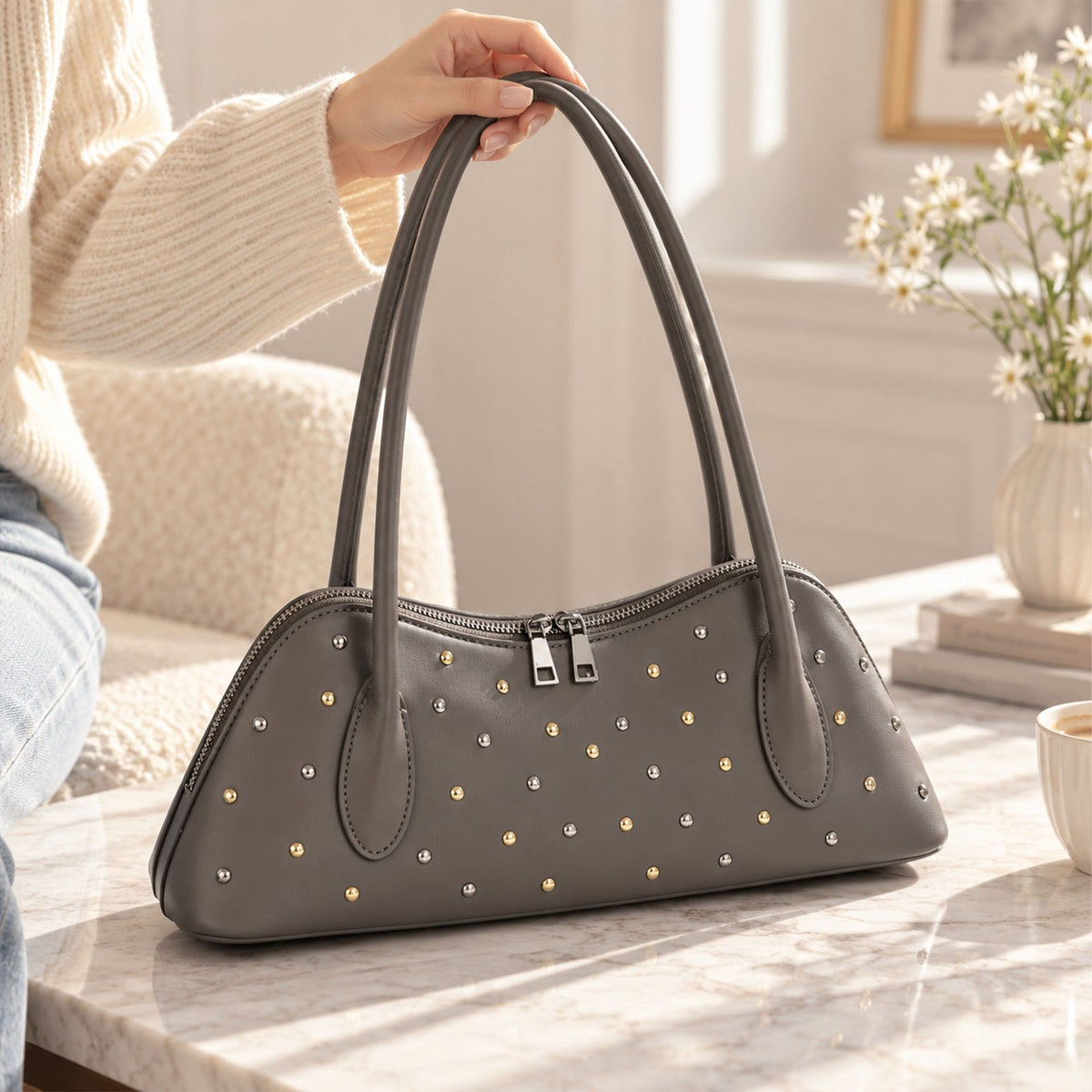 Studded Satchel Handbag with Long Handles Zip Closure and Interior Pocket