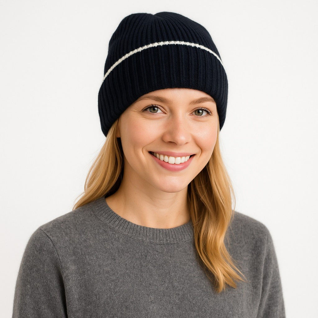 Anna-Kaci Women's Ribbed Knit Beanie Hat with Contrast Trim and Folded Cuff