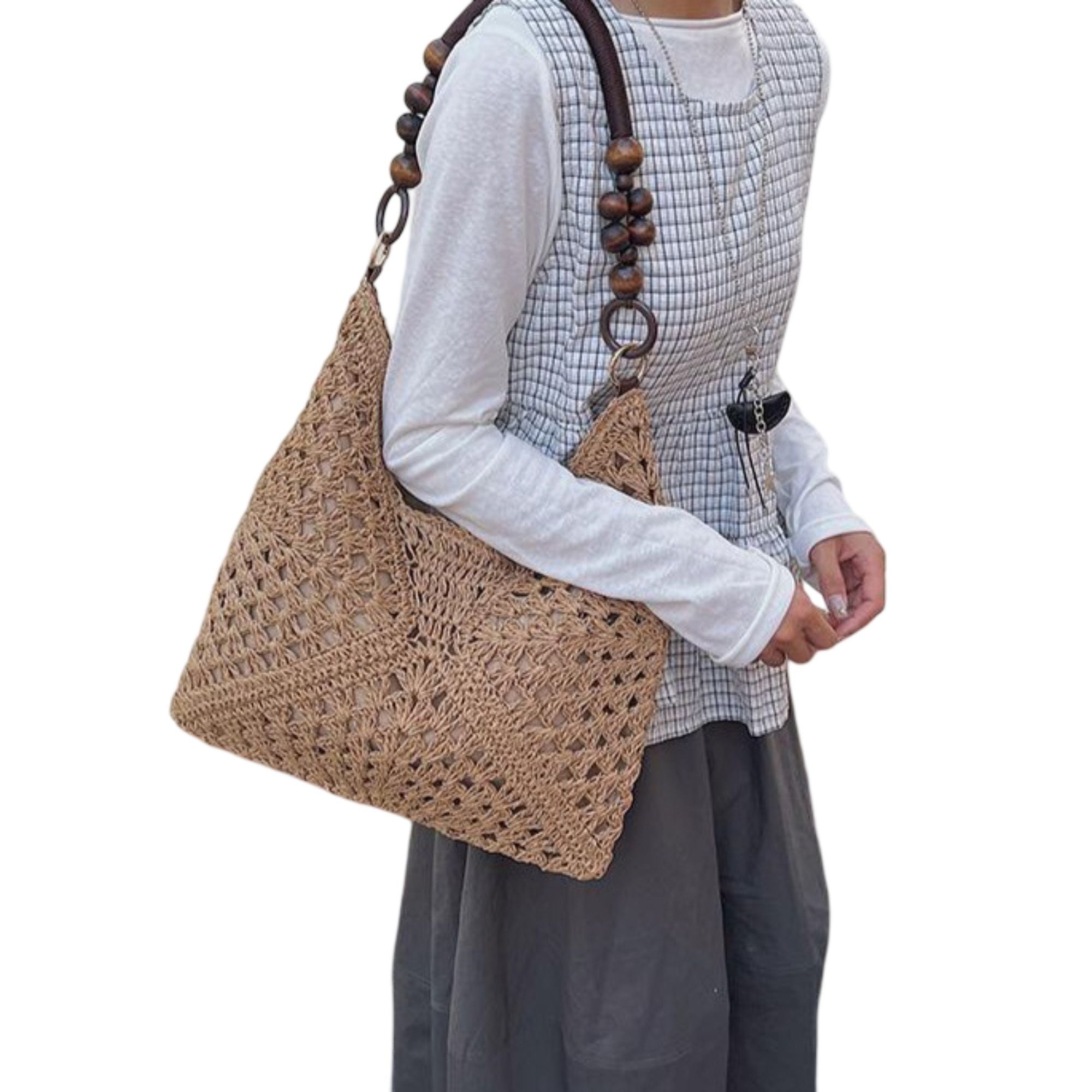 Woven Straw Hobo Bag with Wooden Handle Bead Accents and Spacious Interior