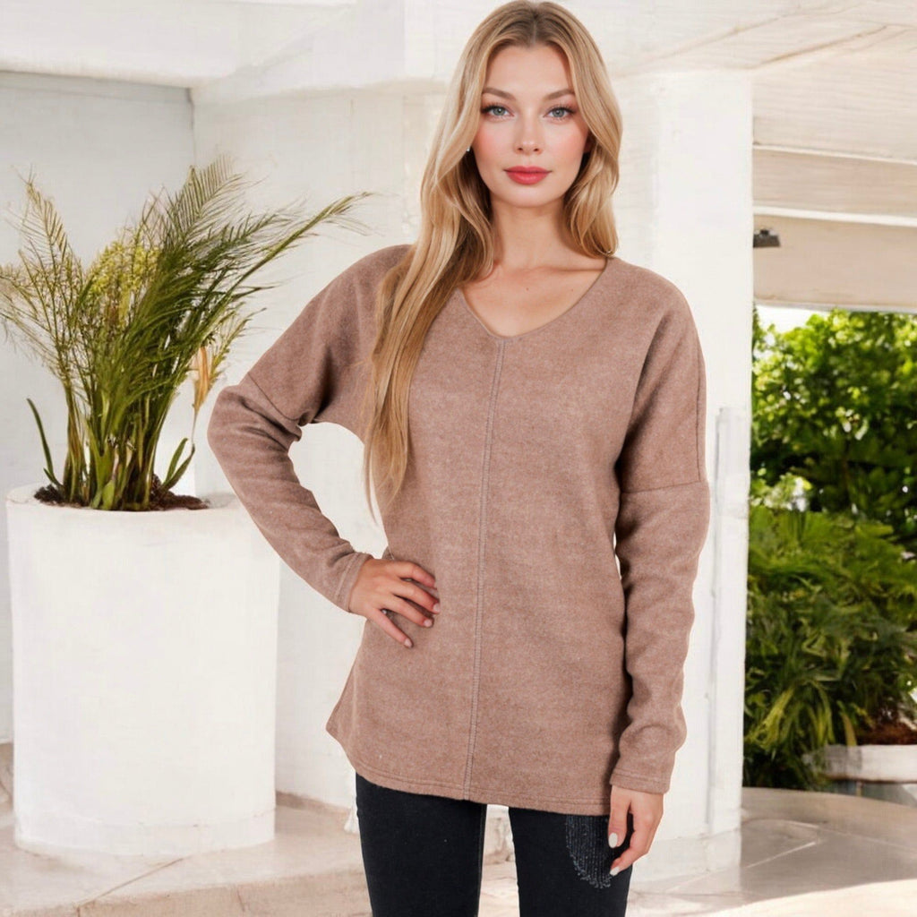 Anna-Kaci Women's Long Sleeve V-Neck Tunic Sweater with Seam Detail
