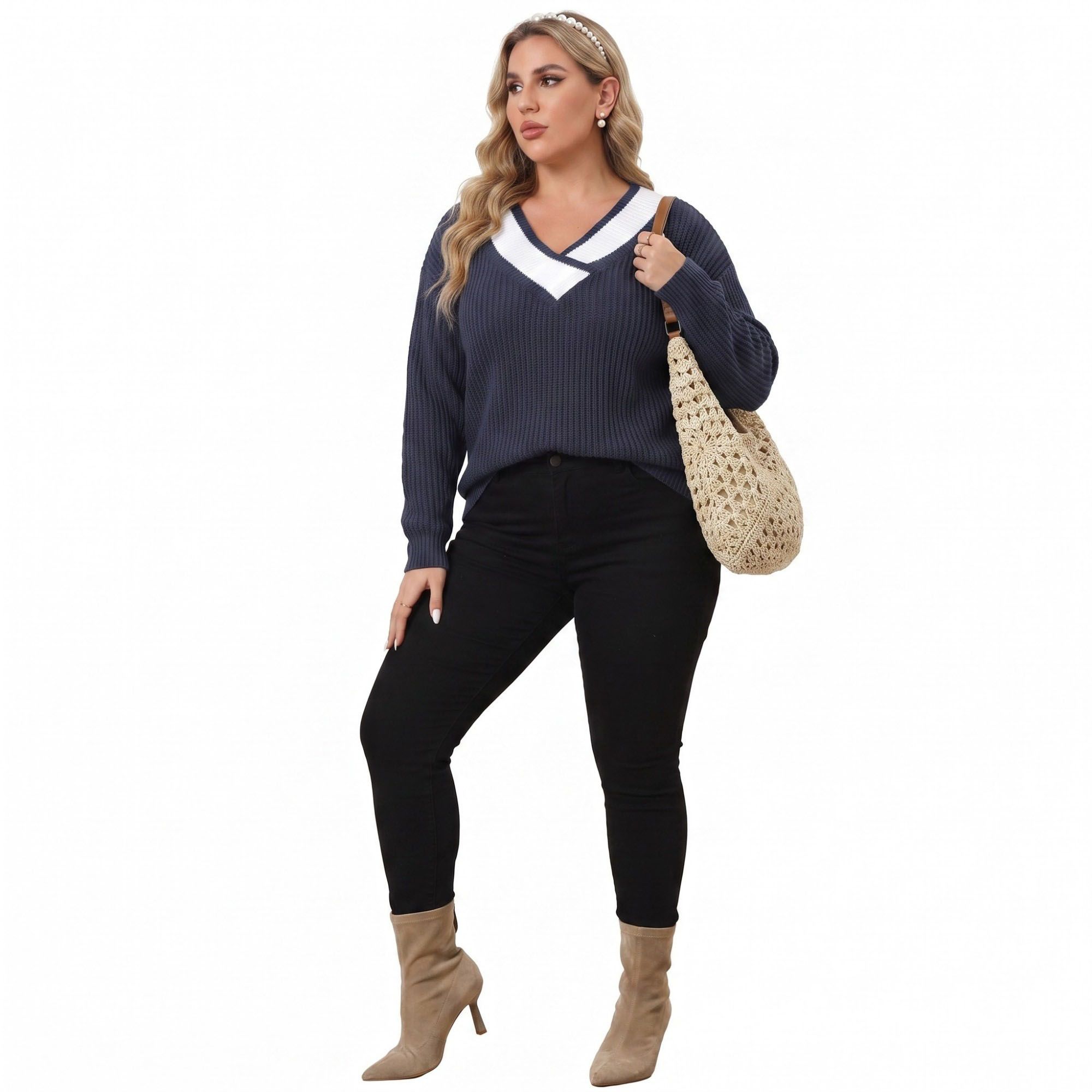 Plus Size Contrast Collar V-Neck Ribbed Sweater
