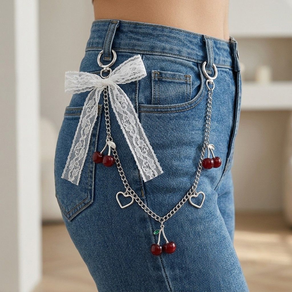 Lace Bow Cherry Bag Chain Charm with Heart Accents and Double Ring Clasps
