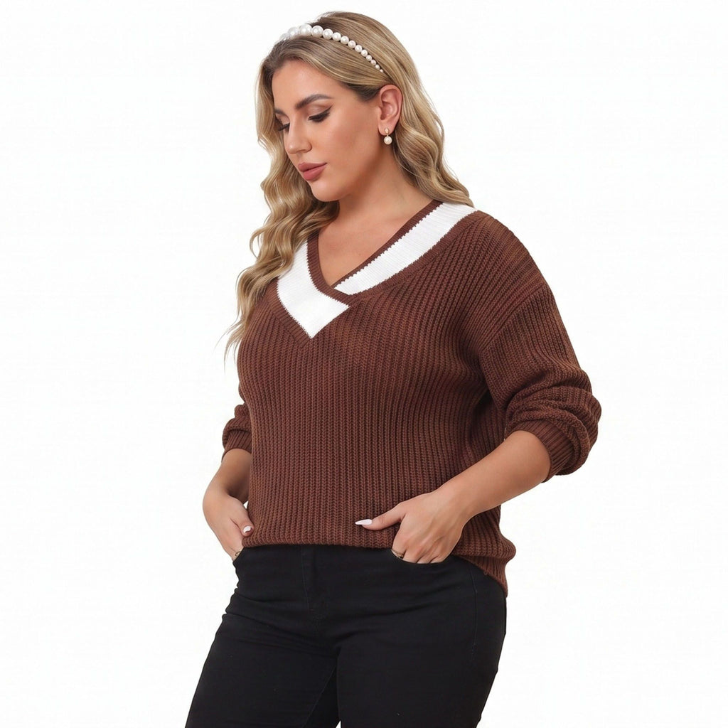 Plus Size Contrast Collar V-Neck Ribbed Sweater