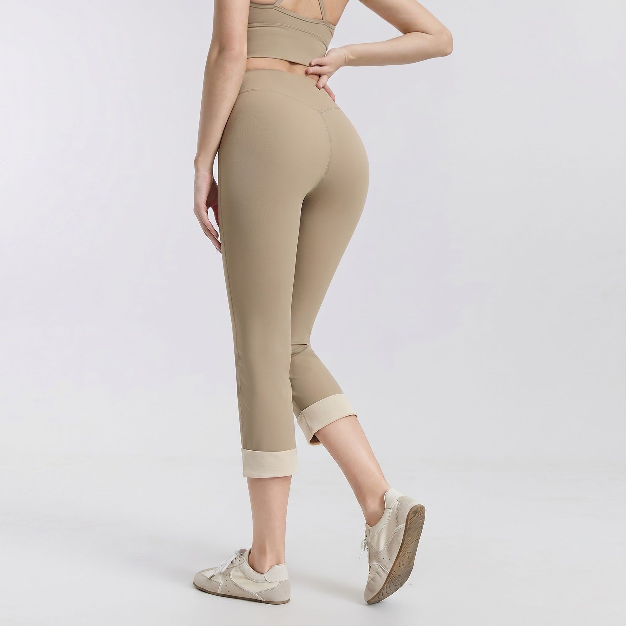 High Waist Capri Leggings with Folded Cuff Hem Wide Waistband Smooth Stretch Yoga Pants
