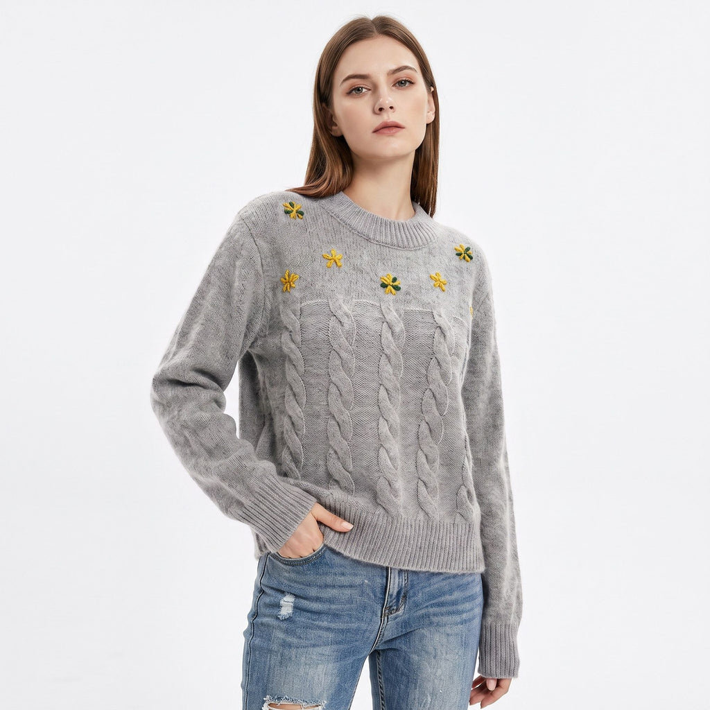 Floral Embroidered Cable Knit Crewneck Sweater