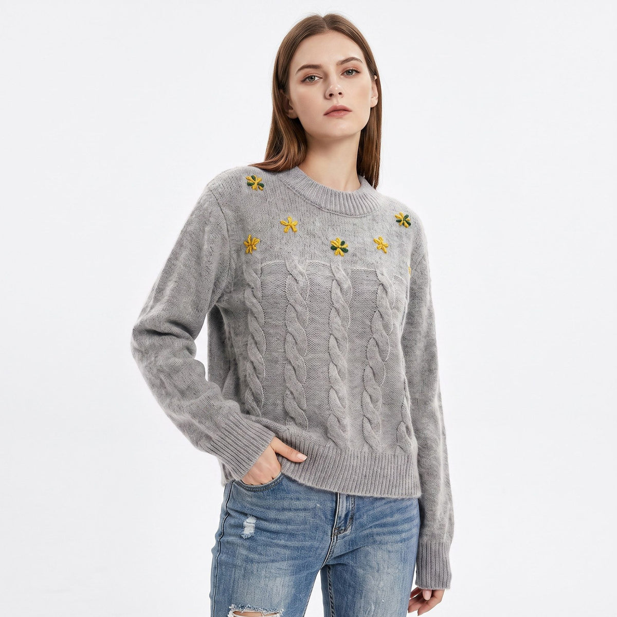 Floral Embroidered Cable Knit Crewneck Sweater