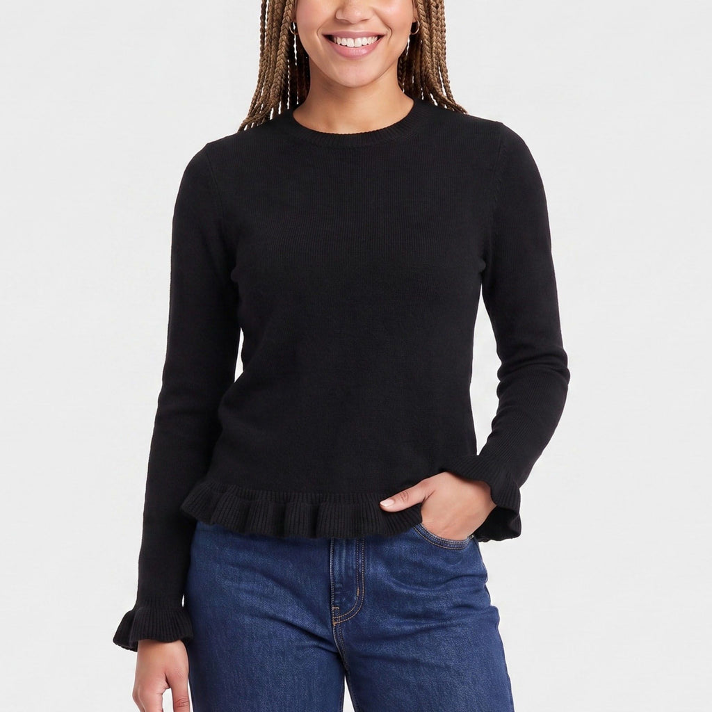Ruffle Hem Crew Neck Long Sleeve Knit Sweater
