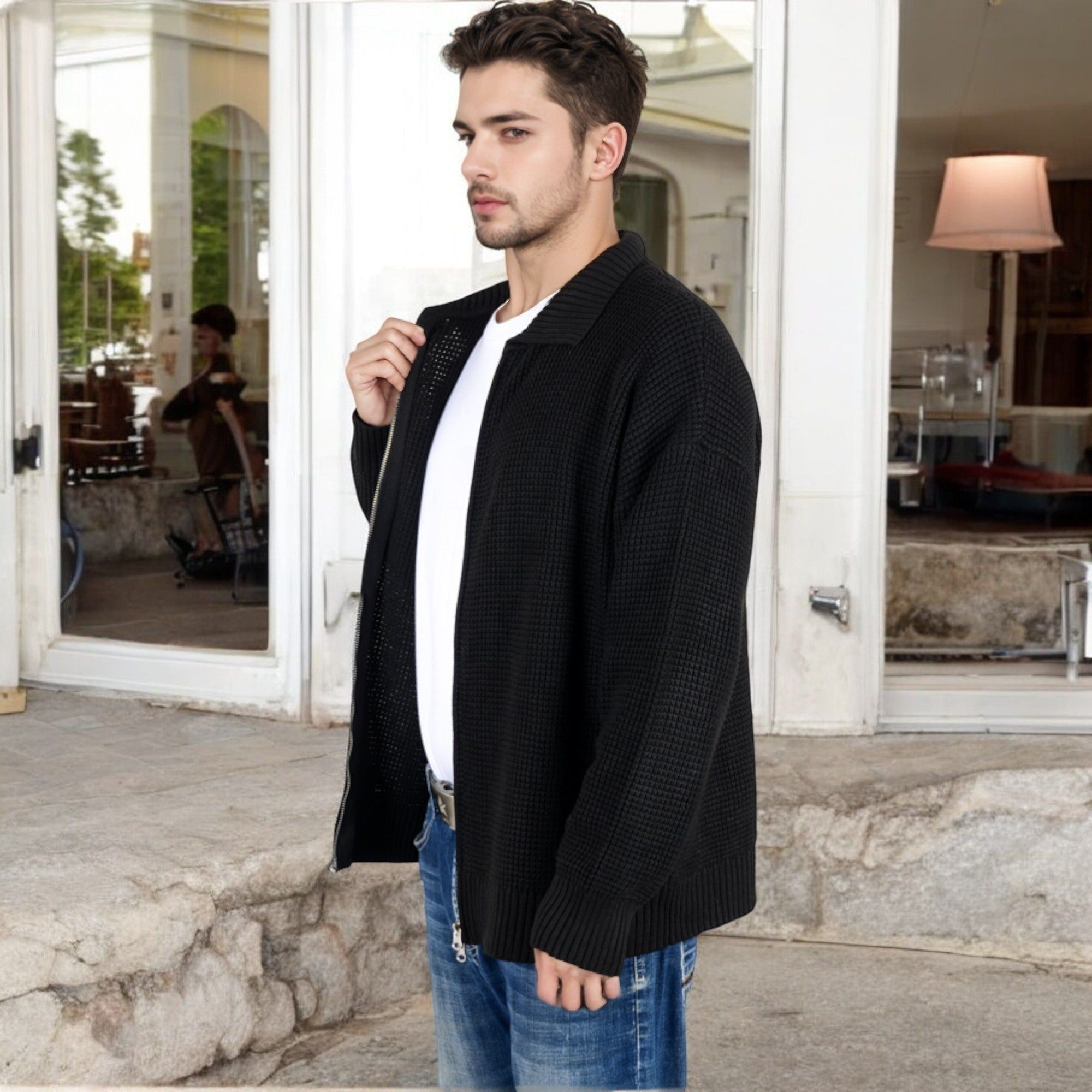 Anna-Kaci Men's Waffle Knit Zip-Up Cardigan with Classic Collar and Relaxed Fit