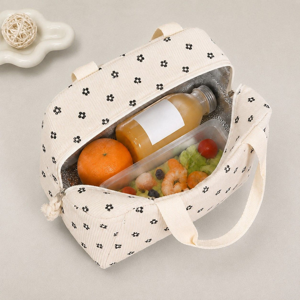 Floral Corduroy Insulated Lunch Tote Bag with Front Pocket and Zip Closure