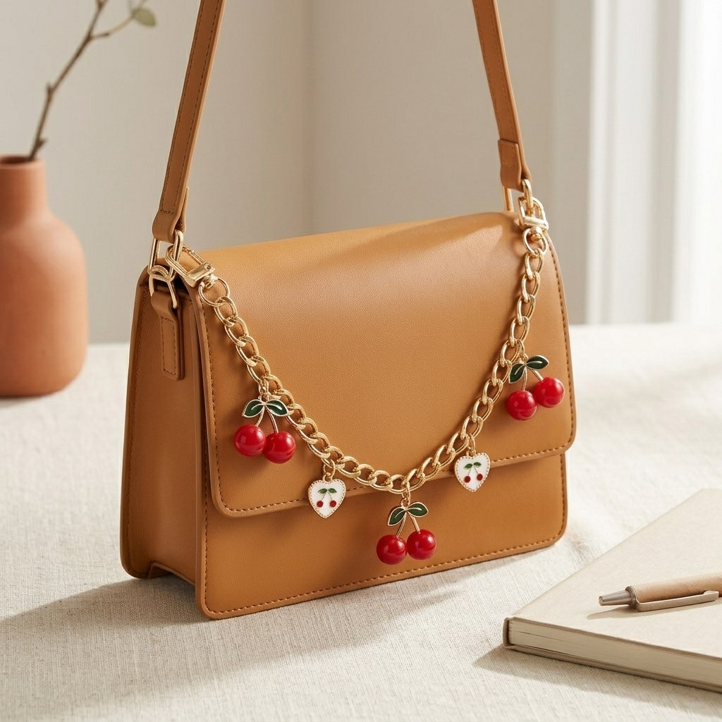 Cherry Charm Decorative Bag Chain with Double Clasps and Gold-Tone Hardware