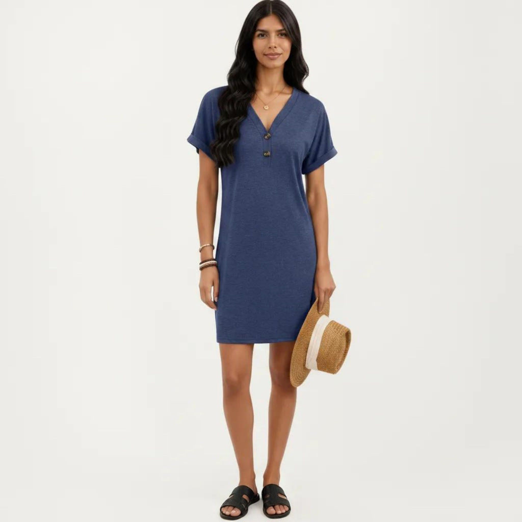 Anna-Kaci Women's Short Sleeve V Neck Shift Dress with Button Detail Relaxed Fit Casual Tunic Dress