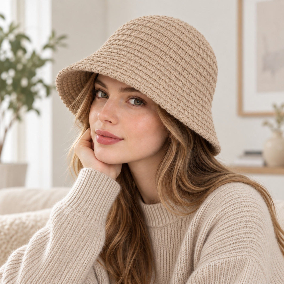 Waffle Knit Bucket Hat with Soft Textured Brim