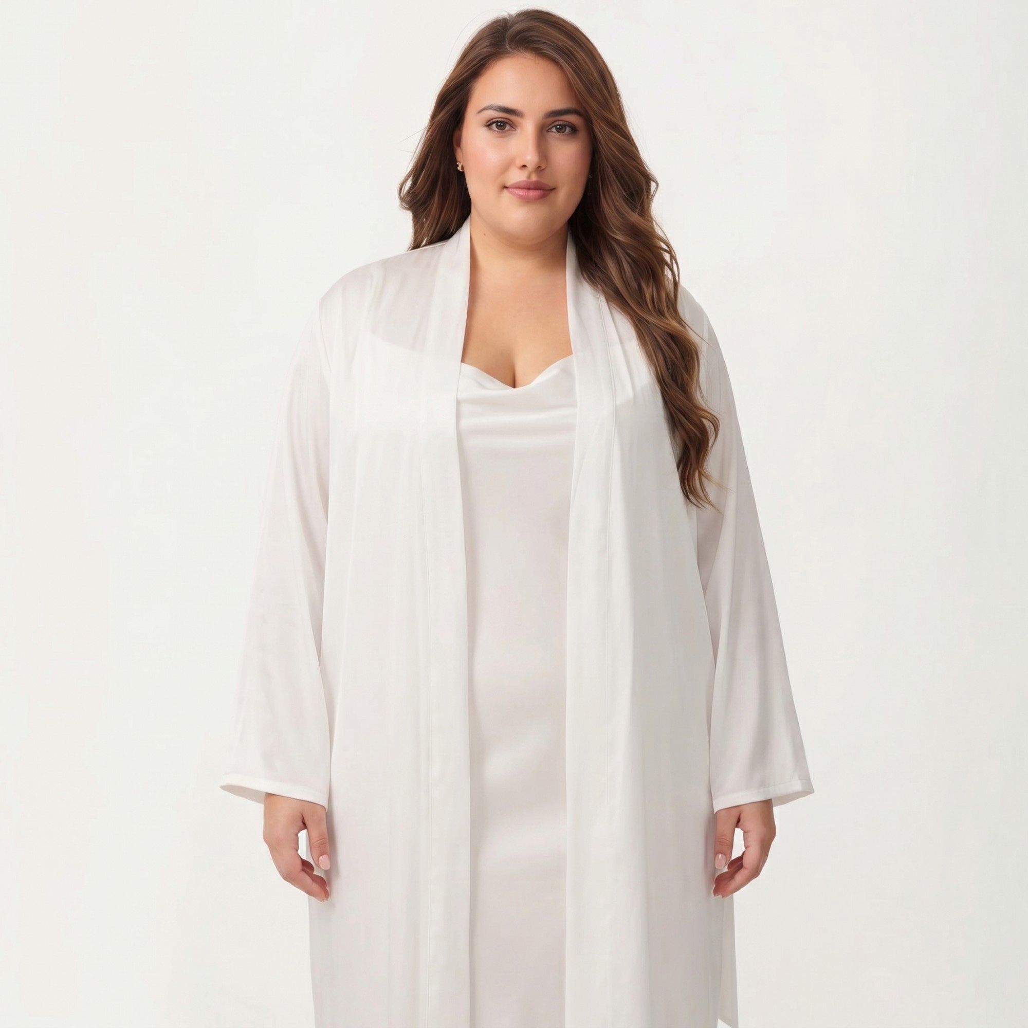 Anna-Kaci Lounge Women's Plus Size 2-Piece Satin Nightgown Set with Long Sleeve Open Front Robe Sleeveless Slip Dress Sleepwear