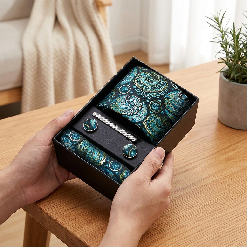 Men's Paisley Pattern Tie Gift Set with Matching Pocket Square Cufflinks and Silver Tie Clip