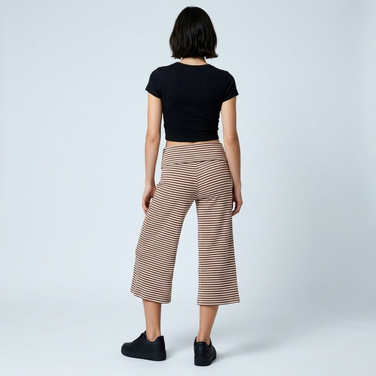 Foldover Waistband Striped Cropped Wide-Leg Trousers