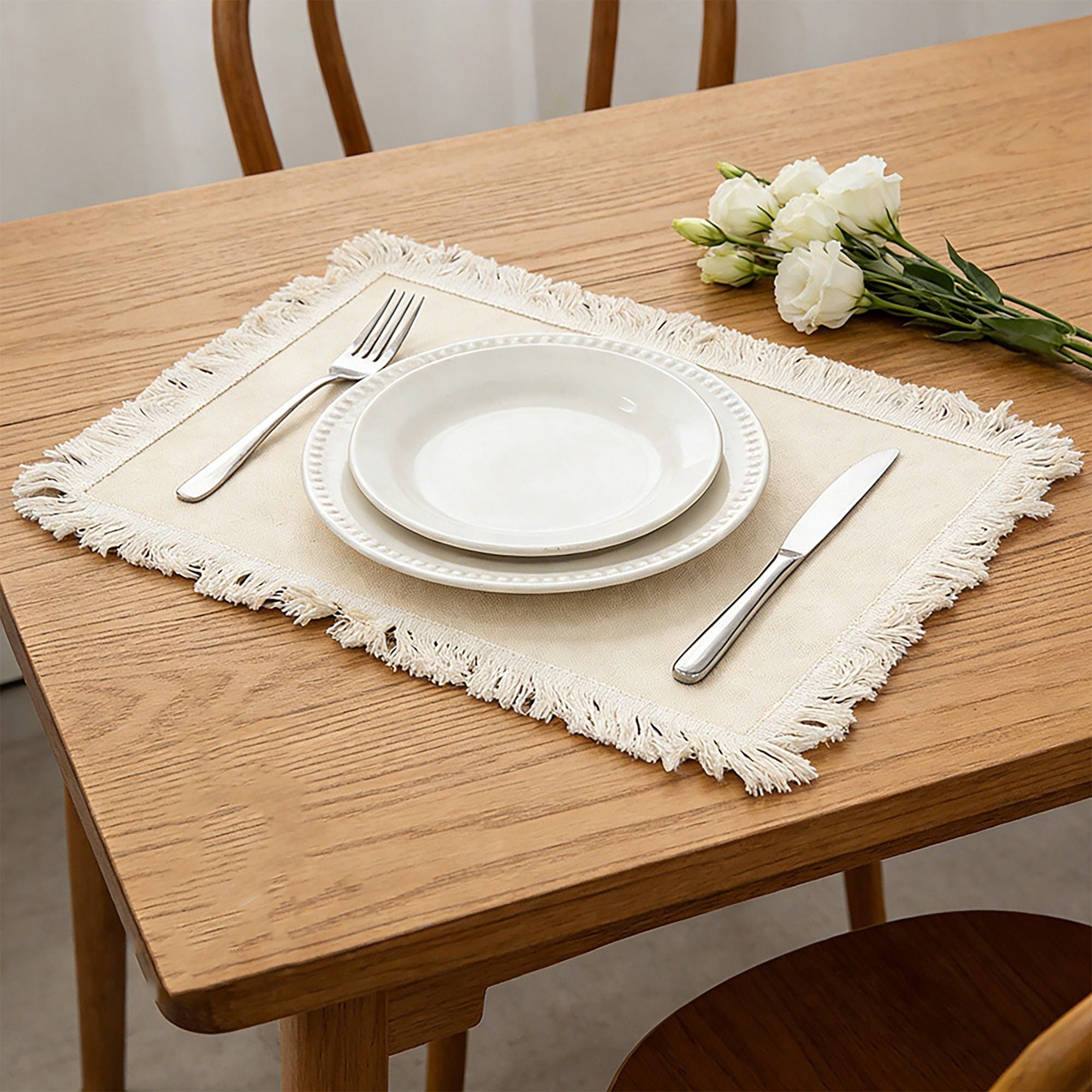 4 Piece Cotton Linen Fringe Placemats Farmhouse Table Mats Washable Heat Resistant Dining Mats