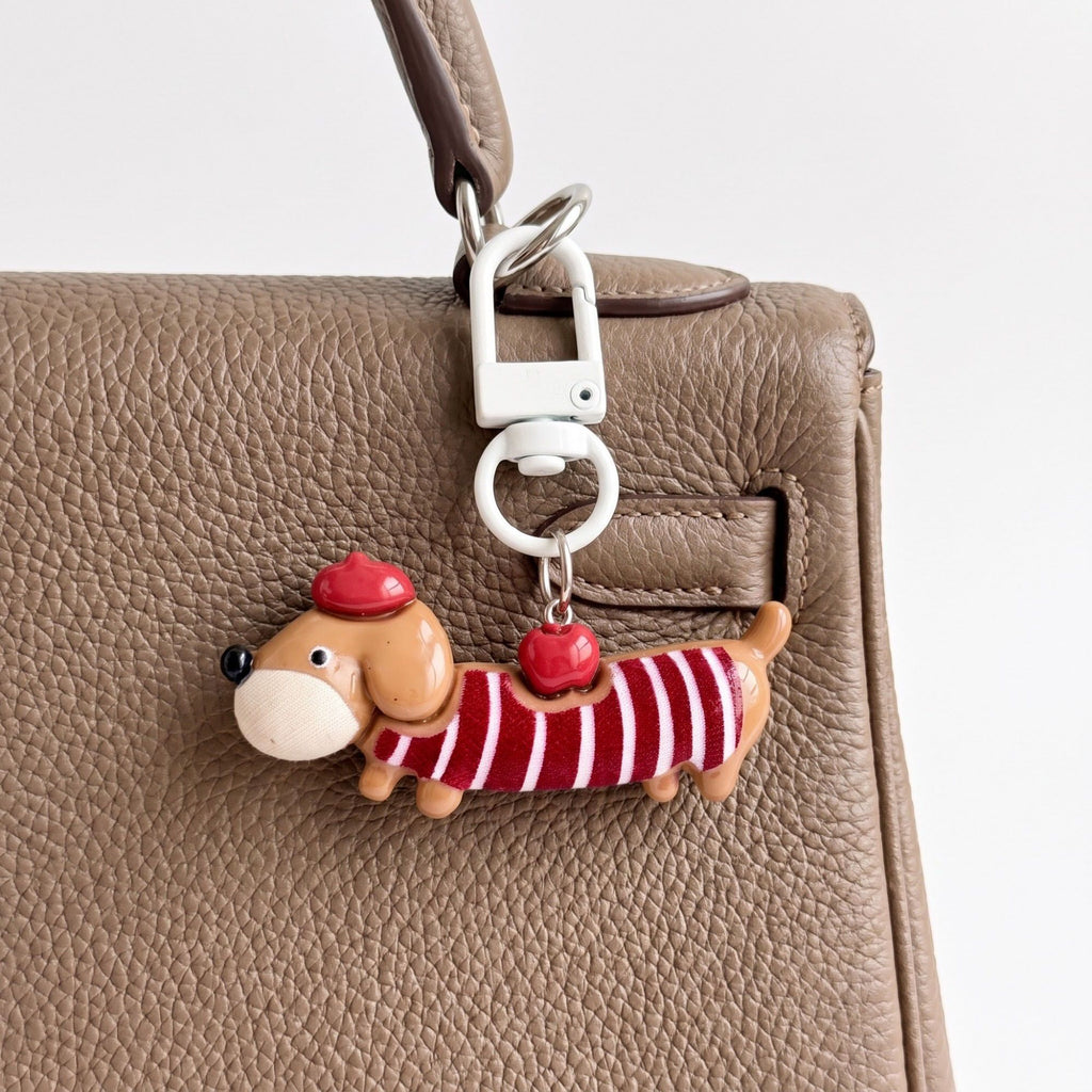 2-Piece Dachshund Dog Keychain Bag Charm Striped Sweater Apple Accent Clip Key Ring