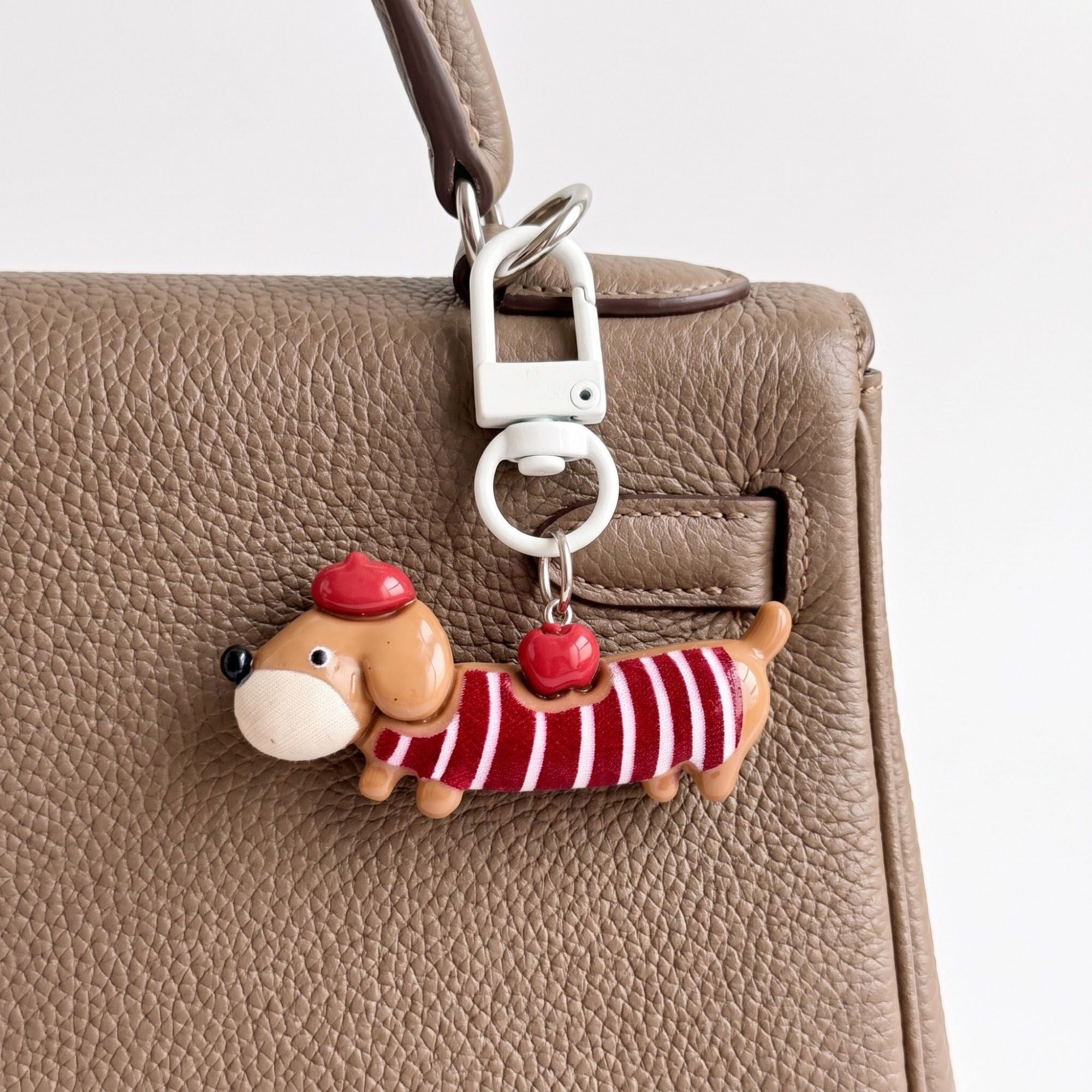 2-Piece Dachshund Dog Keychain Bag Charm Striped Sweater Apple Accent Clip Key Ring